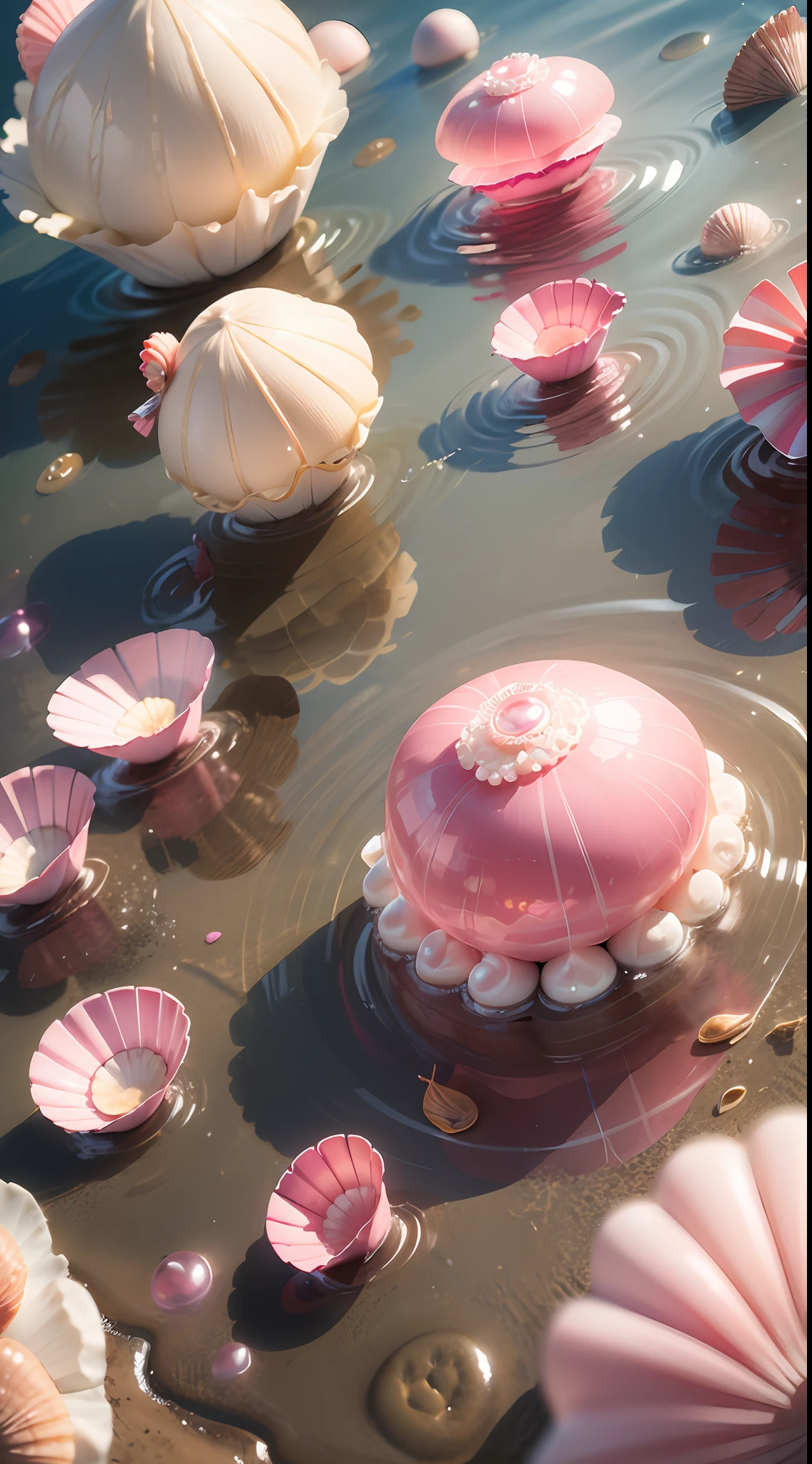 (8K, Raw photo, Best Quality, masutepiece: 1.2), (Realistic, Realistic: 1.37) There are many pink shells on the beach, there is water, pearls, pearls and shells, soft spills, Pearlization, pink jellyfish everywhere, soft 3D rendering, ethereal bubbles, bubble landscape, Iray shader, Soft pink, pink reflections, pearl sky, shells, paradise pink, Pastel colors, pink pastels