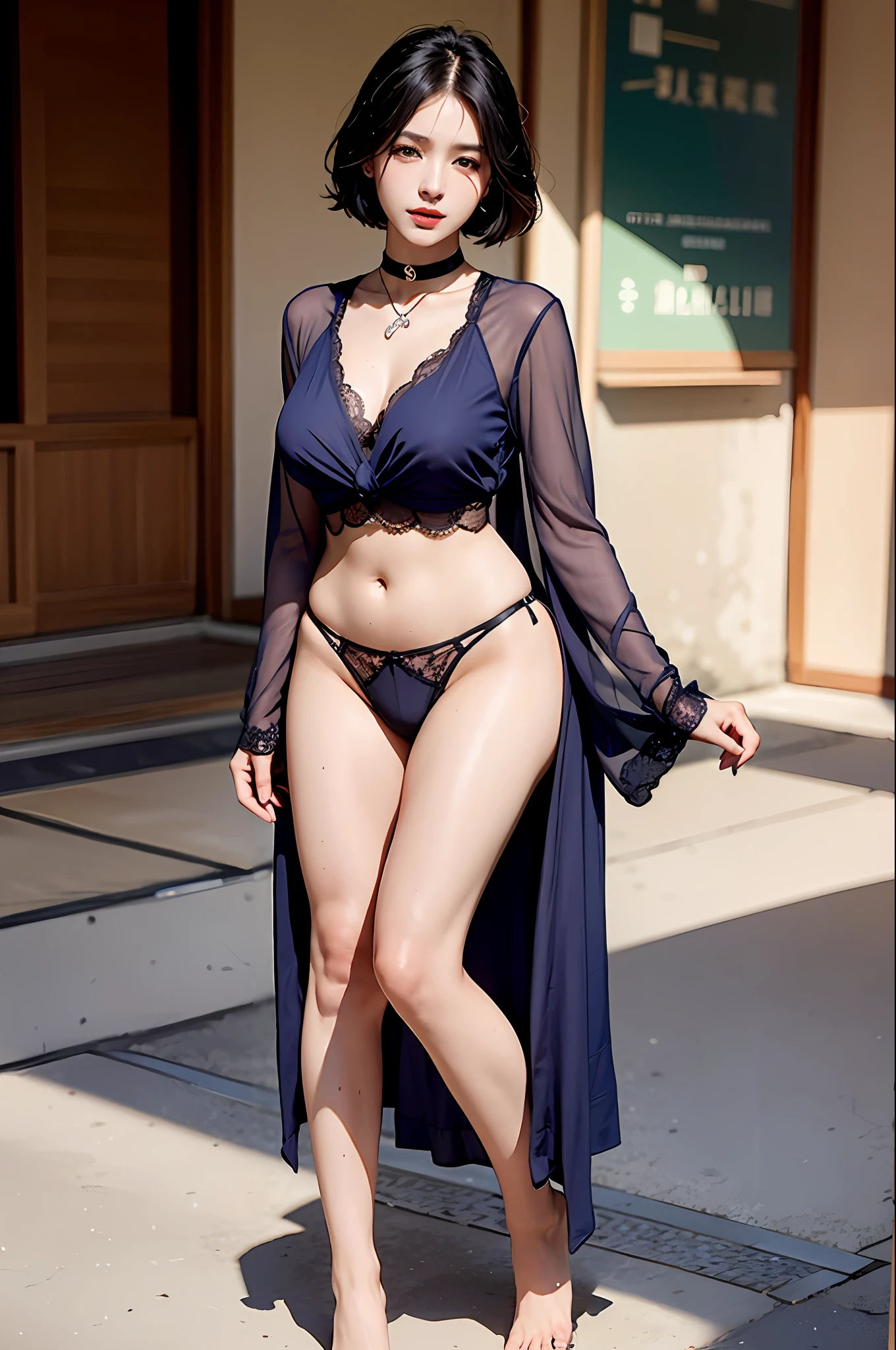 black hair bob,(8K,RAW photos,realisticlying:1.25),(Very lip gloss,Many eyelashes,HighestQuali,超高分辨率,depth of fields,color difference,Caustics,Wide light,natural color,Japanese,Women in their 40s) staring at the audience,choker necklace,bangle,choker necklace,choker necklace,choker necklace,choker necklace,full body1.3,,Chest moles,Bare legs,see-through shirts:1.2,purpleish color,Harnes:1.6,Erotic panties:1.5