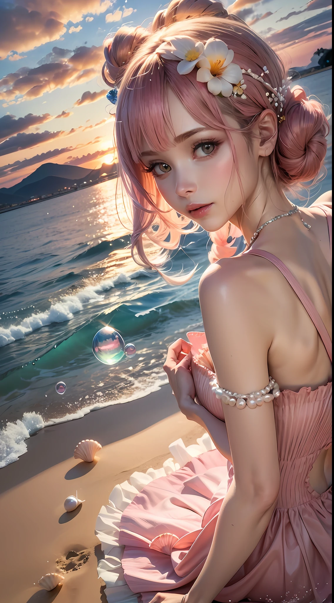 (8K, Raw photo, Best Quality, masutepiece: 1.2), (Realistic, Realistic: 1.37) There are many pink shells on the beach, there is water, pearls, pearls and shells, soft spills, Pearlization, pink jellyfish everywhere, soft 3D rendering, ethereal bubbles, bubble landscape, Iray shader, Soft pink, pink reflections, pearl sky, shells, paradise pink, Pastel colors, pink pastels
