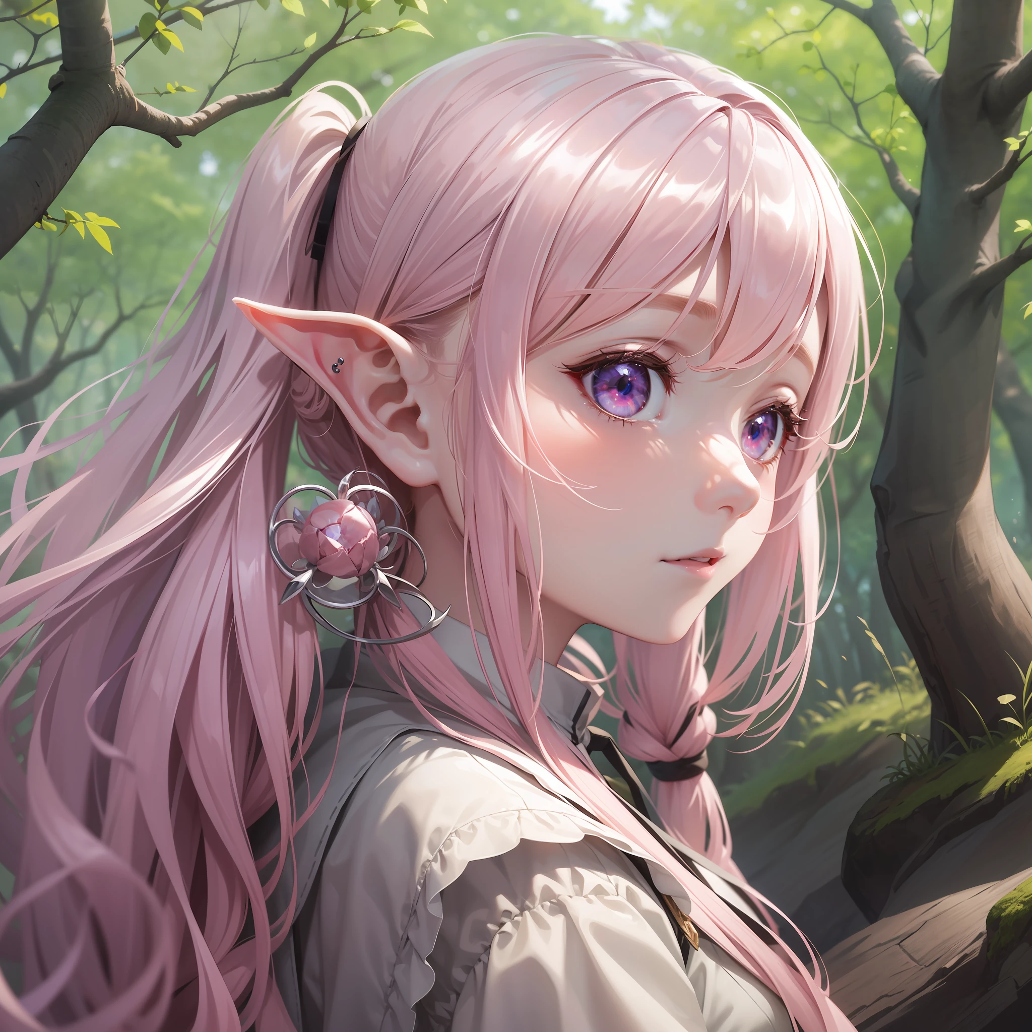 Beautiful girl in her late teens、light pink twin tails、Small face、Like something out of fantasy、With the image of an elf、albino、eyes are red、Shaded by a forest full of nature、