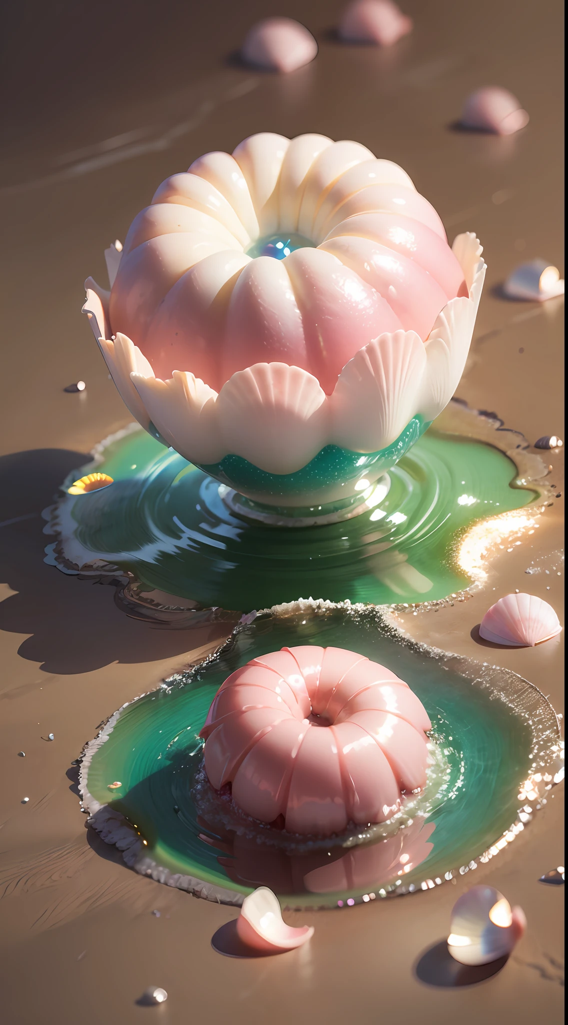 (8K, Raw photo, Best Quality, masutepiece: 1.2), (Realistic, Realistic: 1.37) There are many pink shells on the beach, there is water, pearls, pearls and shells, soft spills, Pearlization, pink jellyfish everywhere, soft 3D rendering, ethereal bubbles, bubble landscape, Iray shader, Soft pink, pink reflections, pearl sky, shells, paradise pink, Pastel colors, pink pastels