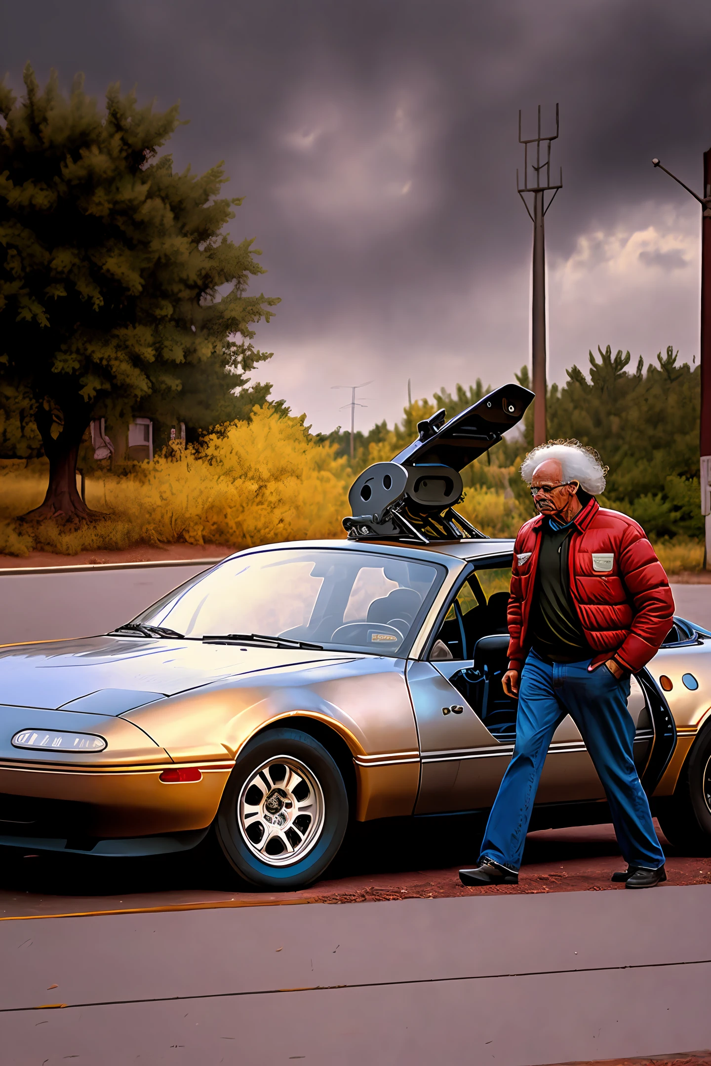 Back to the future Dr Emmet brown movie scene in front of the car well detailed masterpiece great quality extremely realistic Fujifilm tx3 intricate atmospheric cinematic