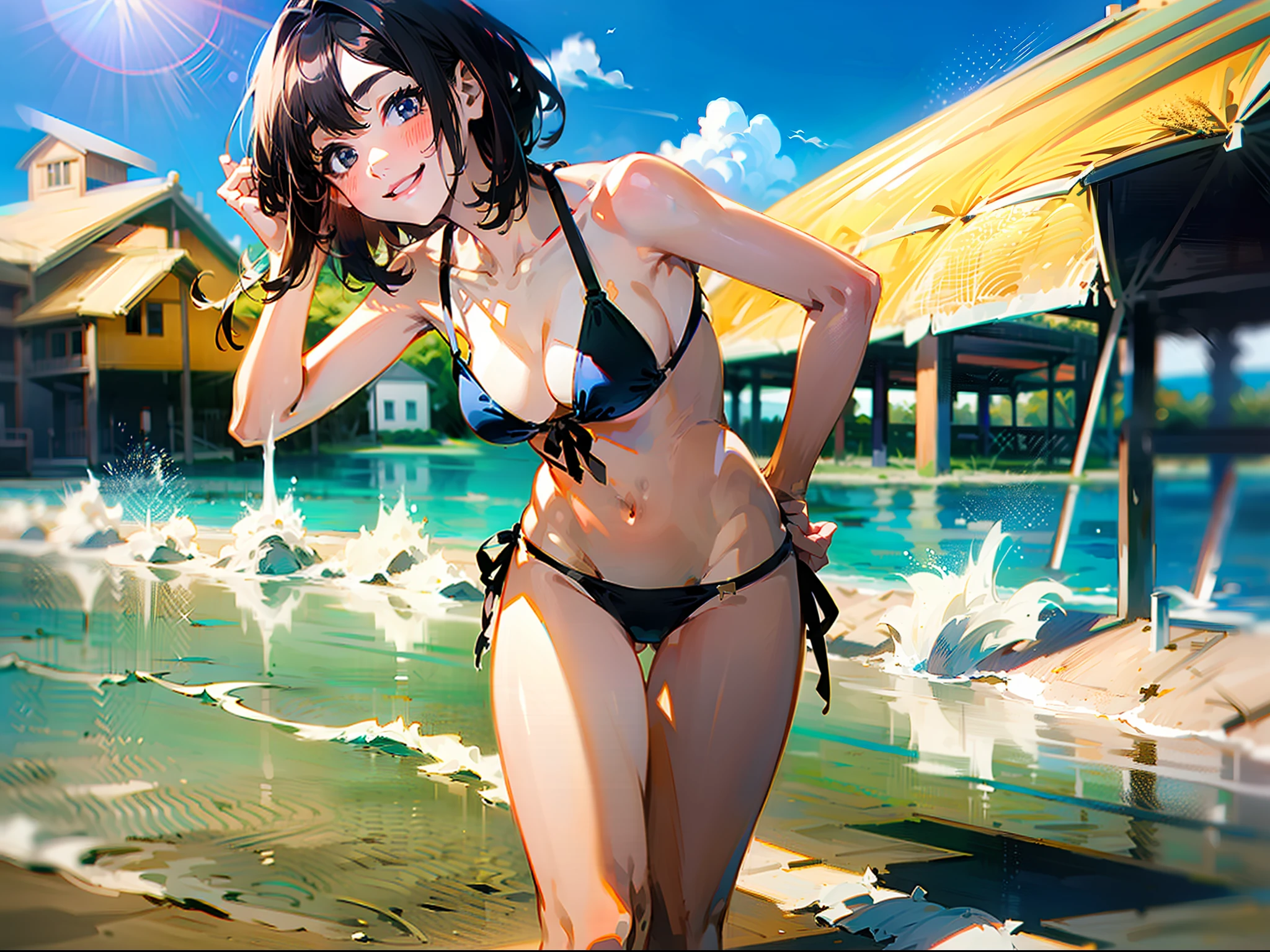 Top image quality,8k,Supreme Detail、A four-person girl with semi-long and bob hair, short hair and long hair, wearing a bikini, a micro bikini, a school swimsuit and a high-leg swimsuit.、Smiling standing on the shore of the beach house