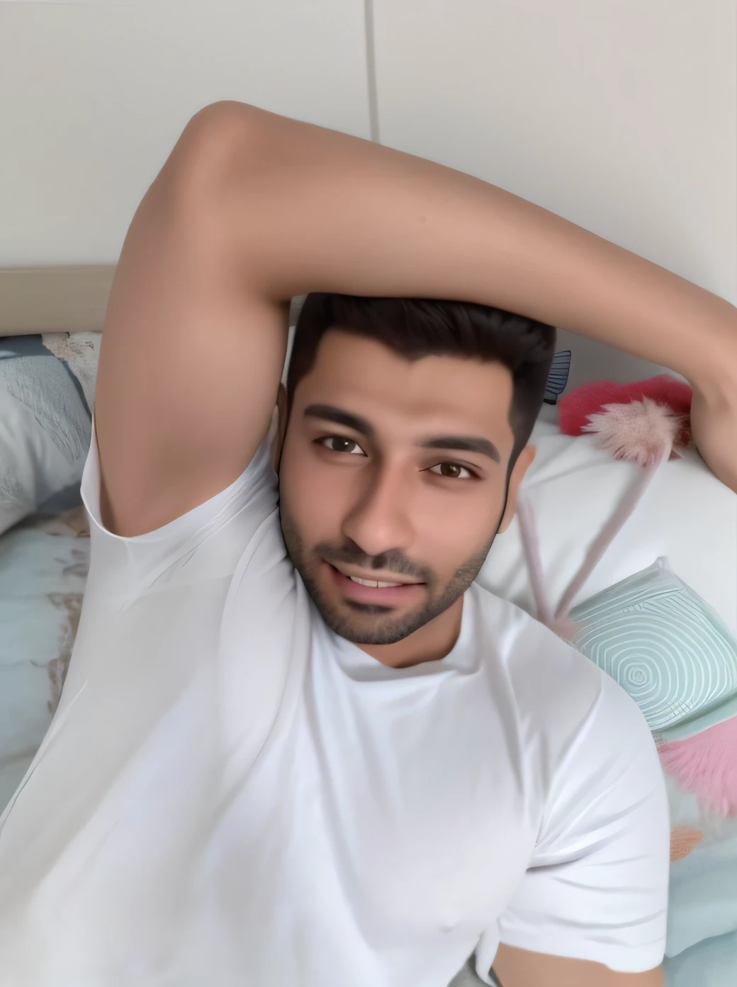 there is a man laying in bed with a remote control, Mohamed Reda, Emad Mostaque, na minha cama, Mohamed Chahin, caio santos, Atef, Alex, em torno de 1 9 anos, imagem interna, imagem de qualidade muito baixa, icaro carvalho, Riyahd Cassiem, morning hour, posando na cama