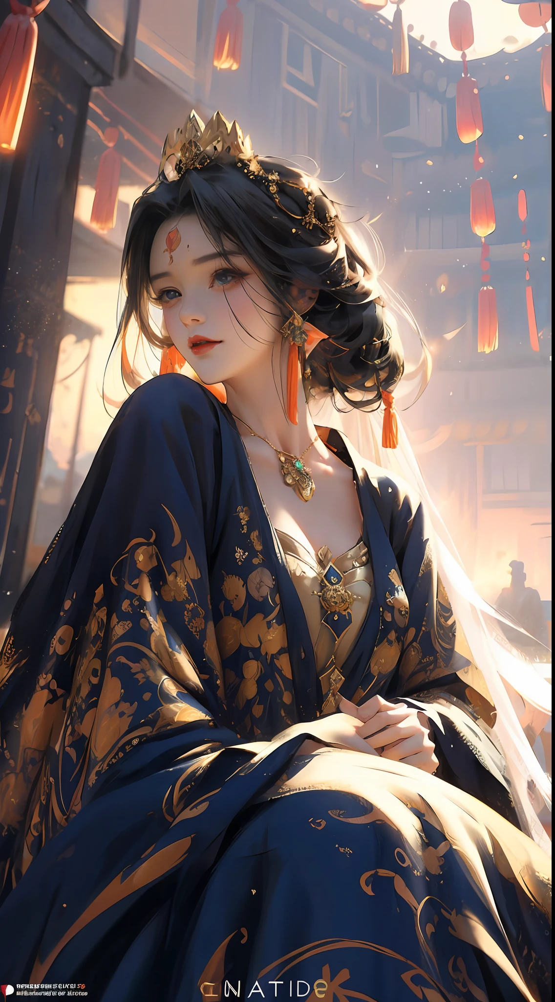 1 beauty，Empress，Golden Hanfu，National style，Ancient wind，ultraclear，facial closeups，30 age old，Charm，plump，seductiv，tiara crown，facing to audience，Sitting