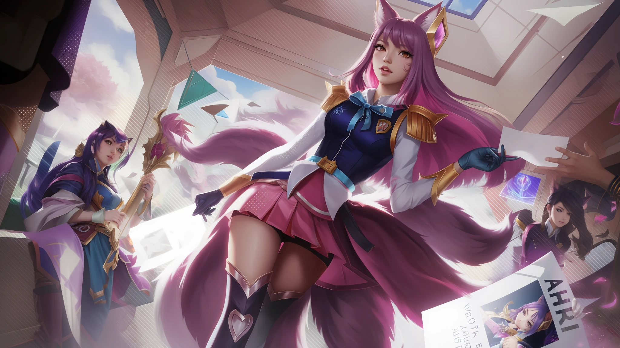 Anime characters are standing in a room with a large screen, Ahri, Retrato de Ahri, Serafim Ahri KDA, Ahri, de League of Legends, Artgerm extremamente detalhado, KDA, raposa nobushi, estilo artgerm, Artgerm Plano, Arte do personagem de League of Legends, de League of Legends, Arte estilo League of Legends