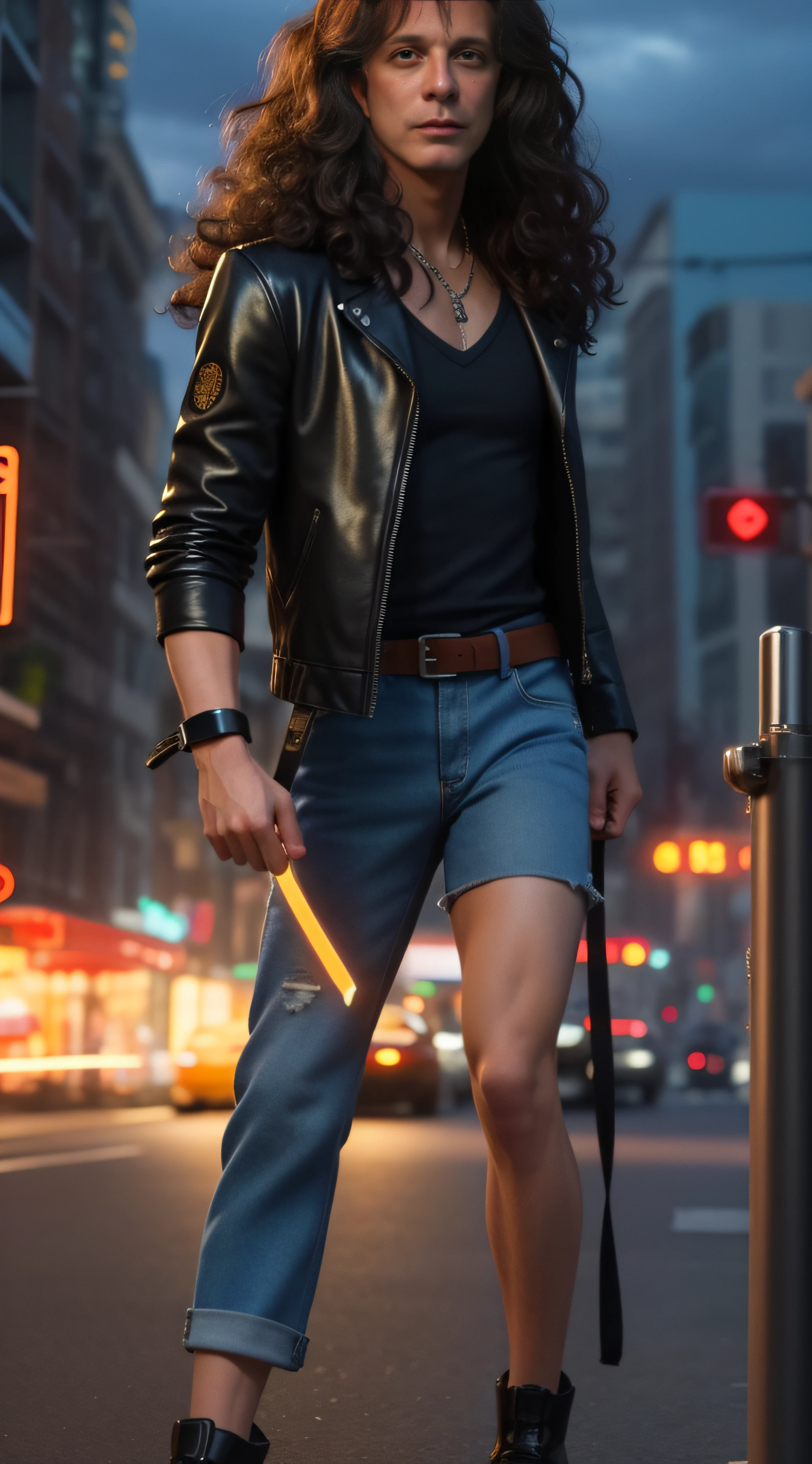 looking into camera, best quality, masterpiece, upper body, bright highlights, (extremely detailed CG unity 8k wallpaper), handsome man, wearing a black jacket, (male, man), curly hair, long hair, serious, dramatic pose, cinematic lighting, photorealistic, dynamic pose, sharp-focus, 80s fantasy art, (photorealistic:1.4), (masterpiece, finely detailed beautiful eyes: 1.2), masterpiece*portrait, realistic, 3d face, glowing eyes, black hair, rock n' roll stylento simples