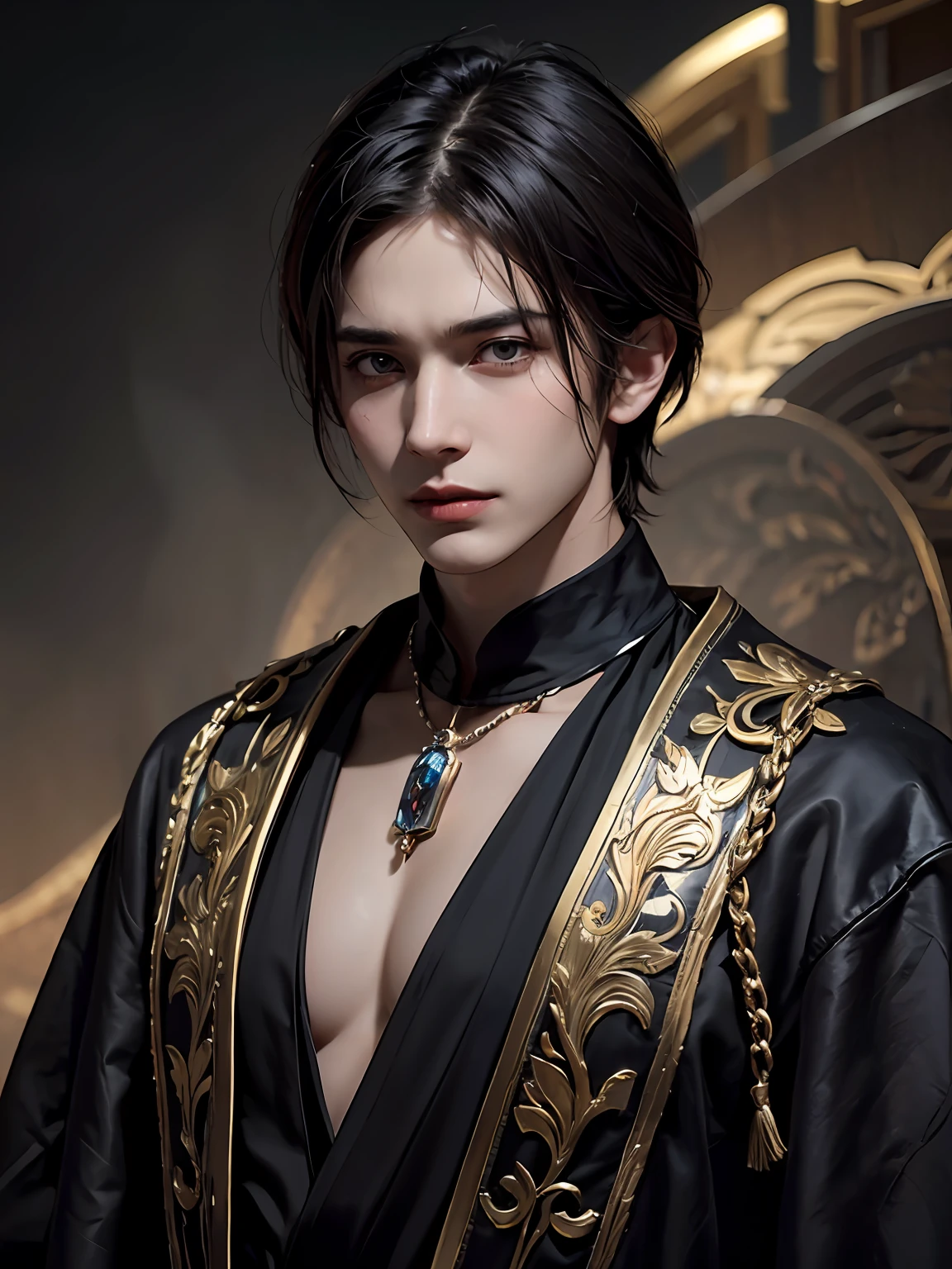 (More than half body), 1man, solo focus, golden eyes and thin lips, adult, stern and emotionless, pale and young adult male face, short black hair, black silk robe, realistic, dynamic pose realistic, detailed and correct facial structure, slightly smirk, LEON S. KENNEDY, handsome, attractive, slightly muscular, (abstract background) (zentangle, mandala, tangle, entangle background:0.7) Kitsune, fox mask, depth of field, Fantastical Atmosphere, the most beautiful form of chaos, elegant, a brutalist designed, flower of death, ecstasy of flower, cinematic lighting, unreal engine, trending on ArtStation, intricate details, masterpiece, best quality, by Irakli Nadar, Greg Rutkowski,(((best quality))),(((ultra detailed))),(((masterpiece)))
