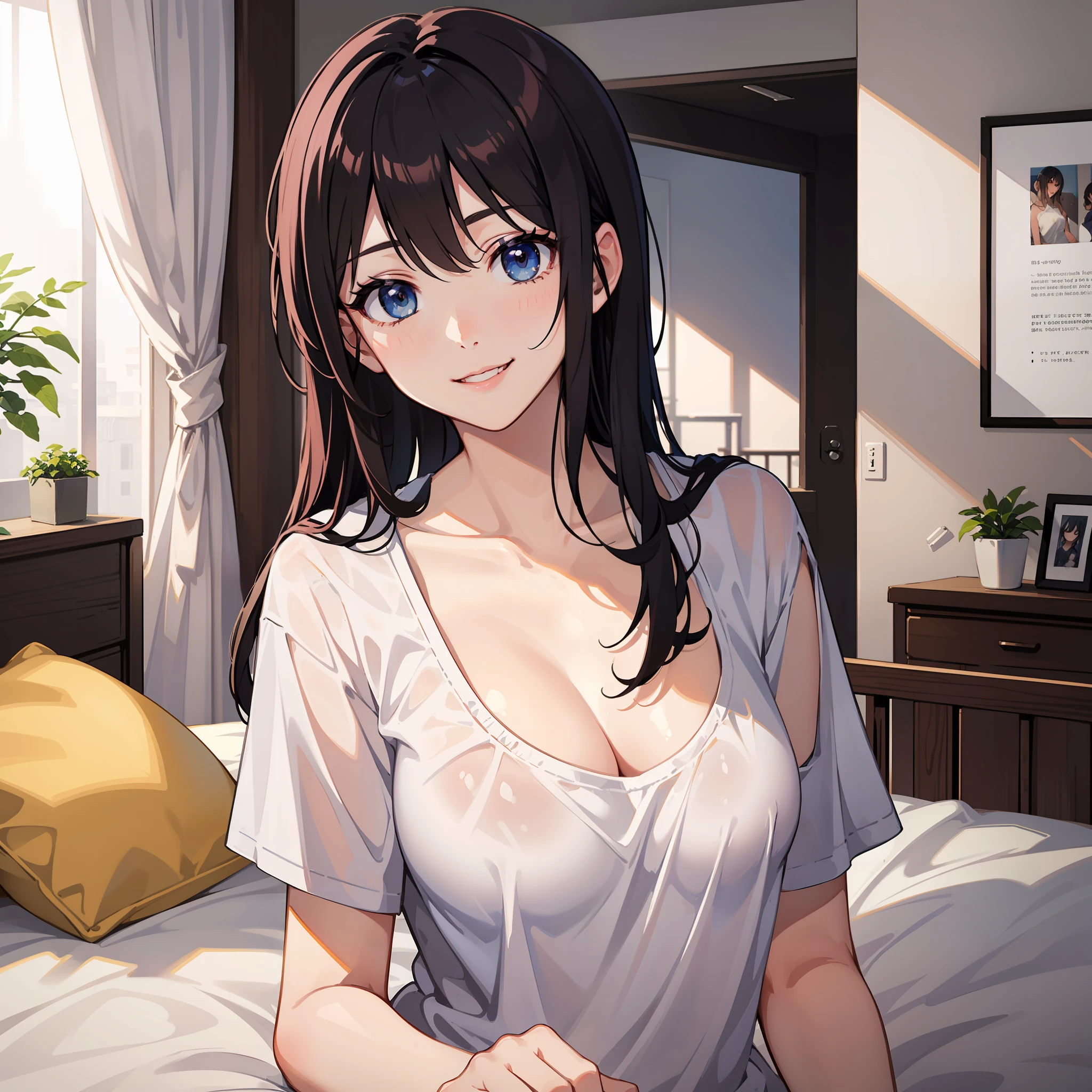 high quality photo, looking at viewer, 1 girl, pretty face, shiny skin, rosy cheeks, smiling mouth, shoulder length black hair blue eyes (very pretty eyes), sitting on bed in the room, white t-shirt, bigger breasts, light night scene