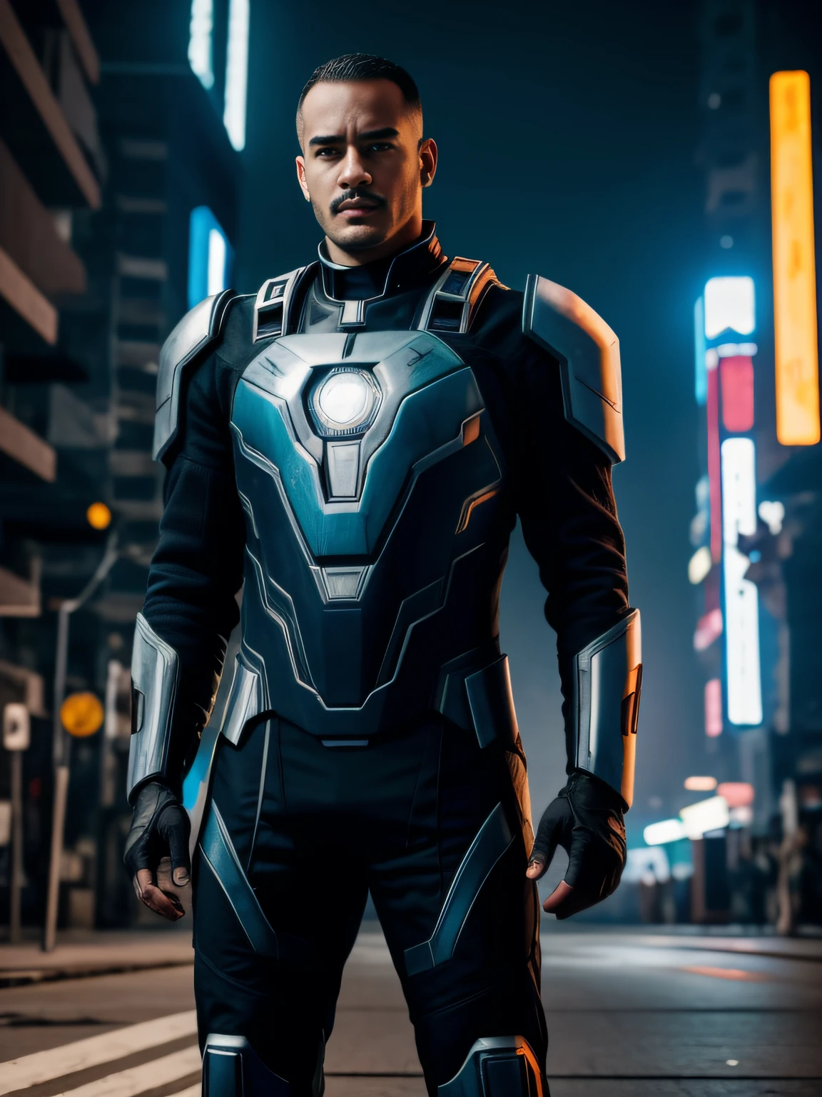 Um homem no estilo cyberpunk, He's looking at the camera, usando a roupa do homem de ferro, Cena de filme, UHD, Realistic, 8k