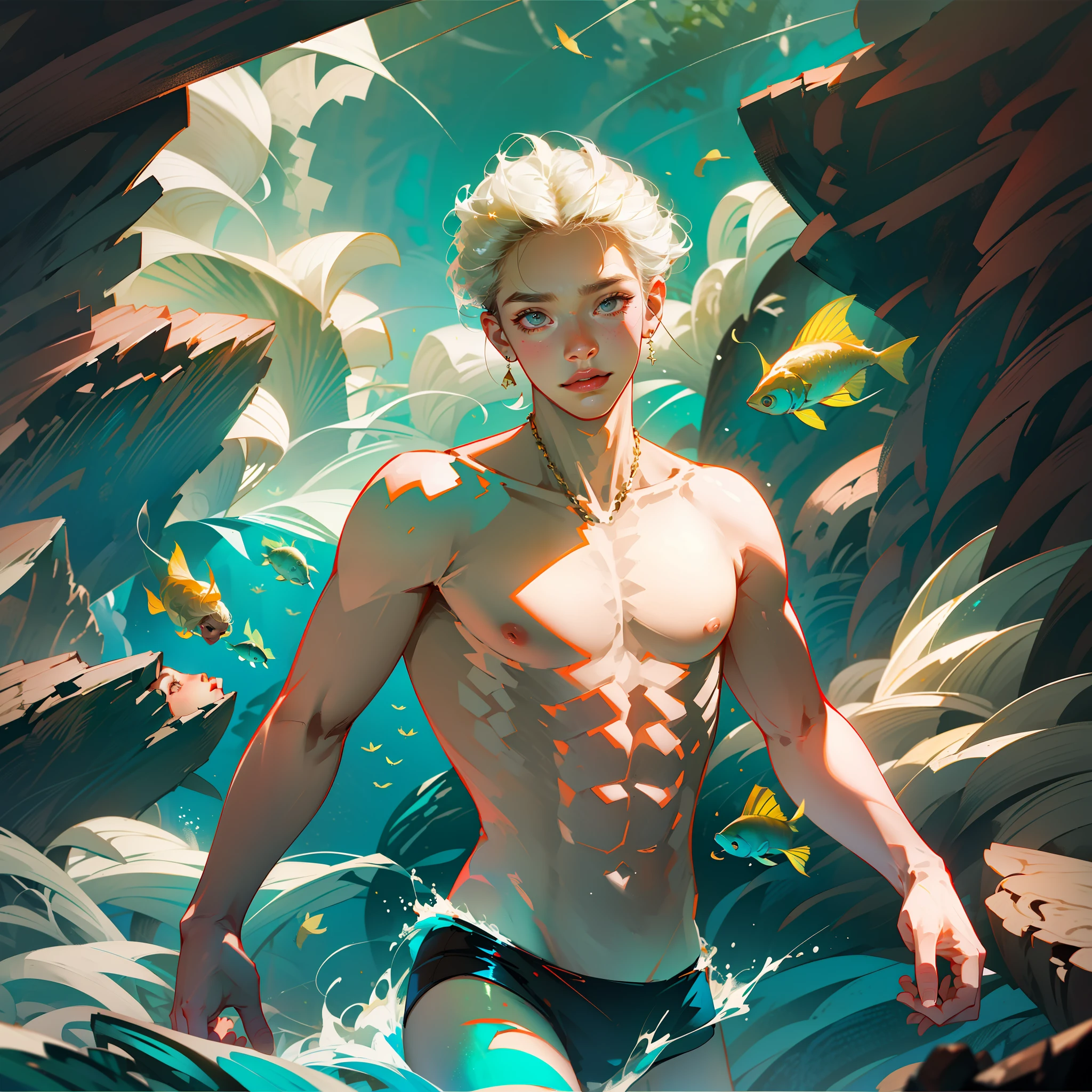 ((masterpiece)),(((best quality))), (high-quality, breathtaking),(expressive eyes, perfect face), 1boy, solo, male, young, 18 yo boy, short blonde hair, brown eyes, smiling, slim, beautiful scenery, sea, under the sea, beautiful fishes, , speedos, abs,  beatiful color of the sea --auto