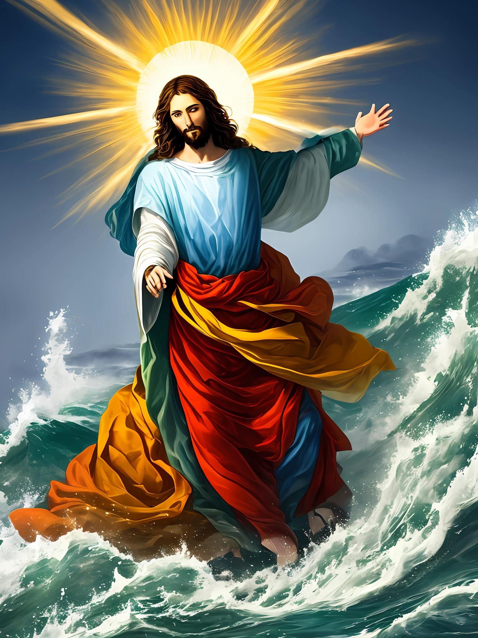 (detailed description) (better quality) Create an image of Jesus coming out of the sea