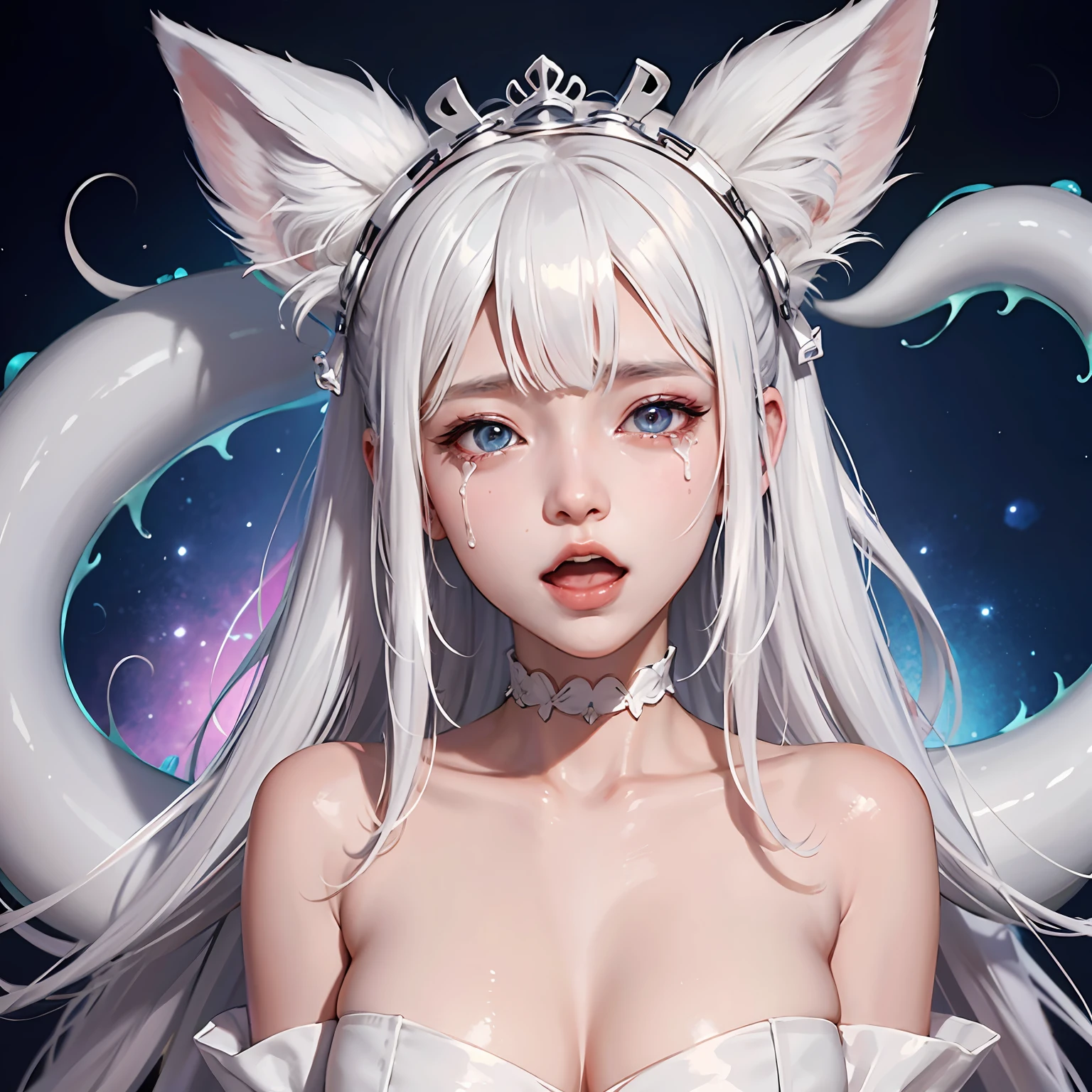 slimes, tentaculata, white hair, hime cut, maid headdress, rolling eyes, tears, fox ears, open mouth, high detail, anime style, high details, UHD --auto