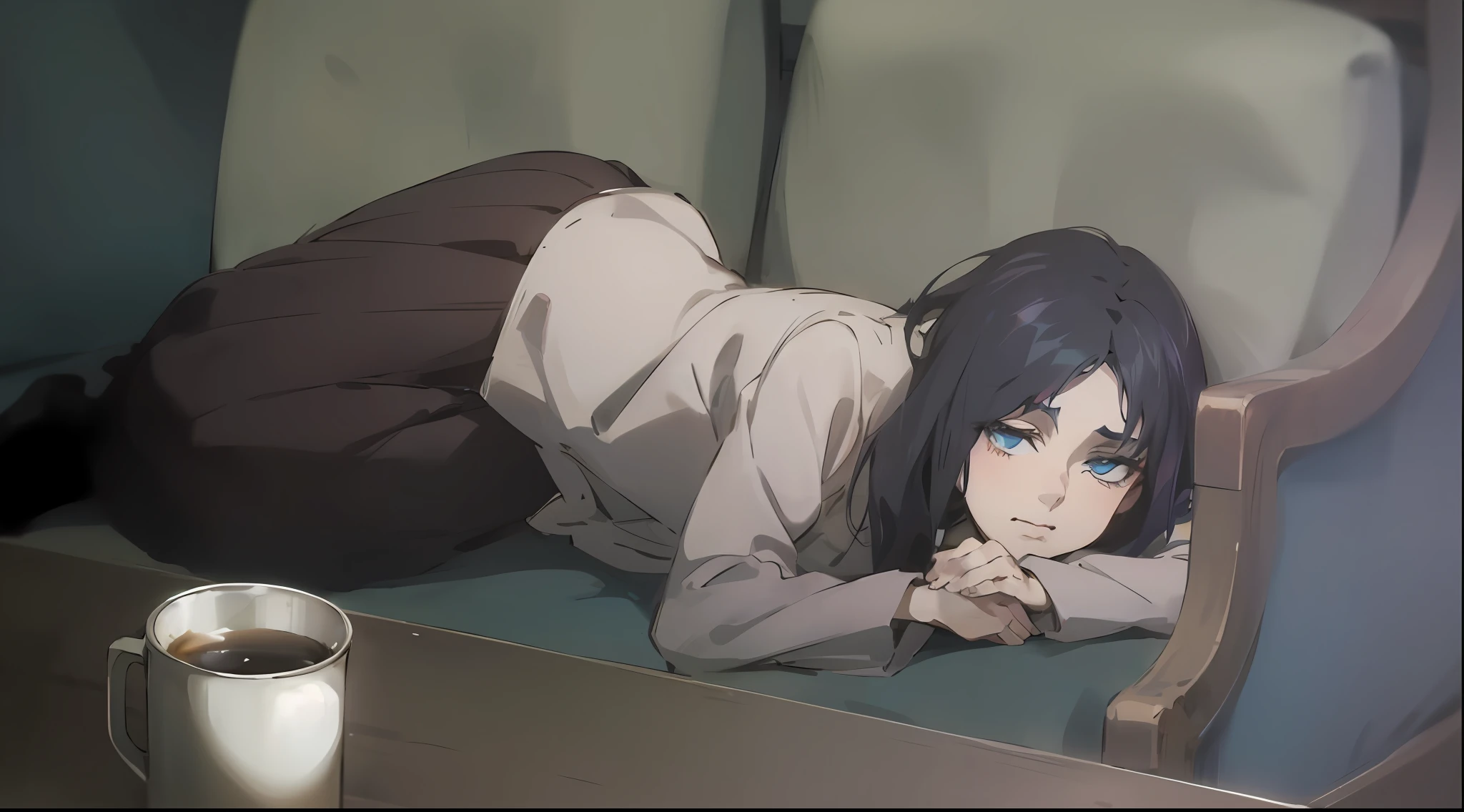 Anime image of a woman lying on a sofa drinking coffee, in the anime series ergo proxy,