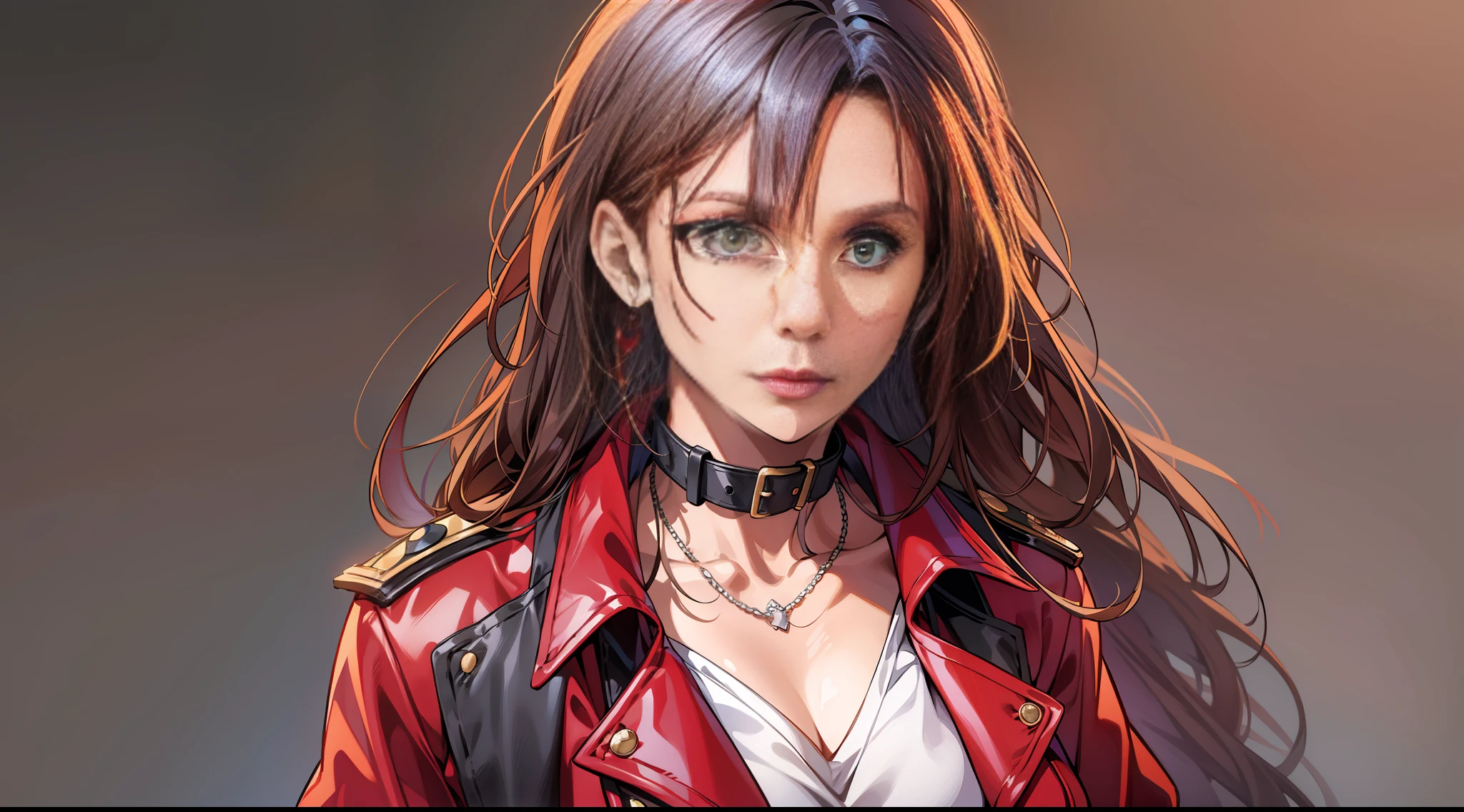 8k, empty space (white), portrait of a sexy woman, (American), (masterpiece, best quality: 1.2), modelshoot style, focus on the face, eyes with heterochromia, looking at the viewer, peaceful, (serious expression), wearing a leather jacket dropped on the shoulder and a red shirt with neckline, long brown hair, green locks in the hair, leather jacket dropped on the shoulder, red shirt with neckline, woman, american, white background, hair with green locks, heterochromia, red cheeks (embarrassed anime style), now make a shamed mouth