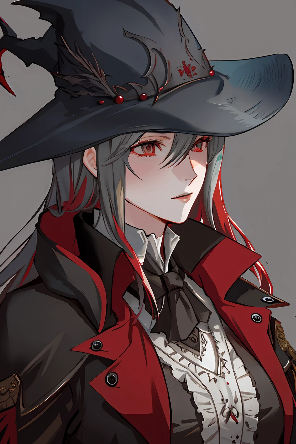 Anime girl with red hair wearing a black hat and red cape, portrait of a bloodborne hunter, Alucard, O vampiro, estilo bloodborne, Arte Zerochan, androgynous vampire, bruxa castlevania, Retrato Gapmoe Yandere Grimdark, de meninas da linha de frente, zerochan, sorriso roguish, trending on artstation pixiv