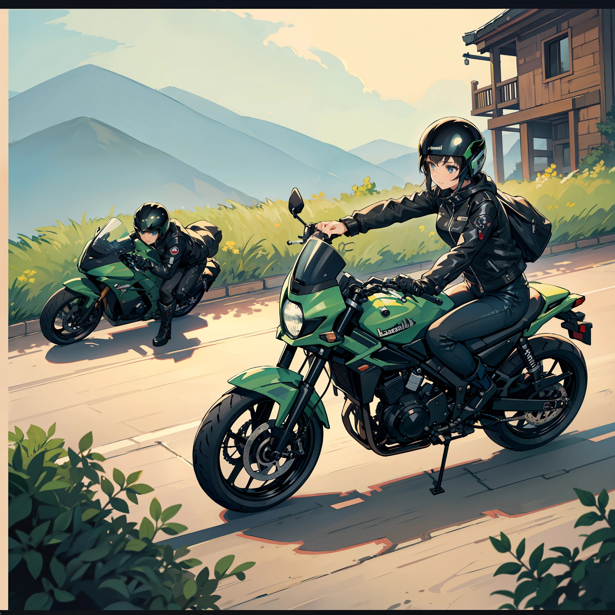 adult woman、Motorcycles、voyage、Horizon、kawasaki、helmets、Riders Jacket、leather pant、long boots