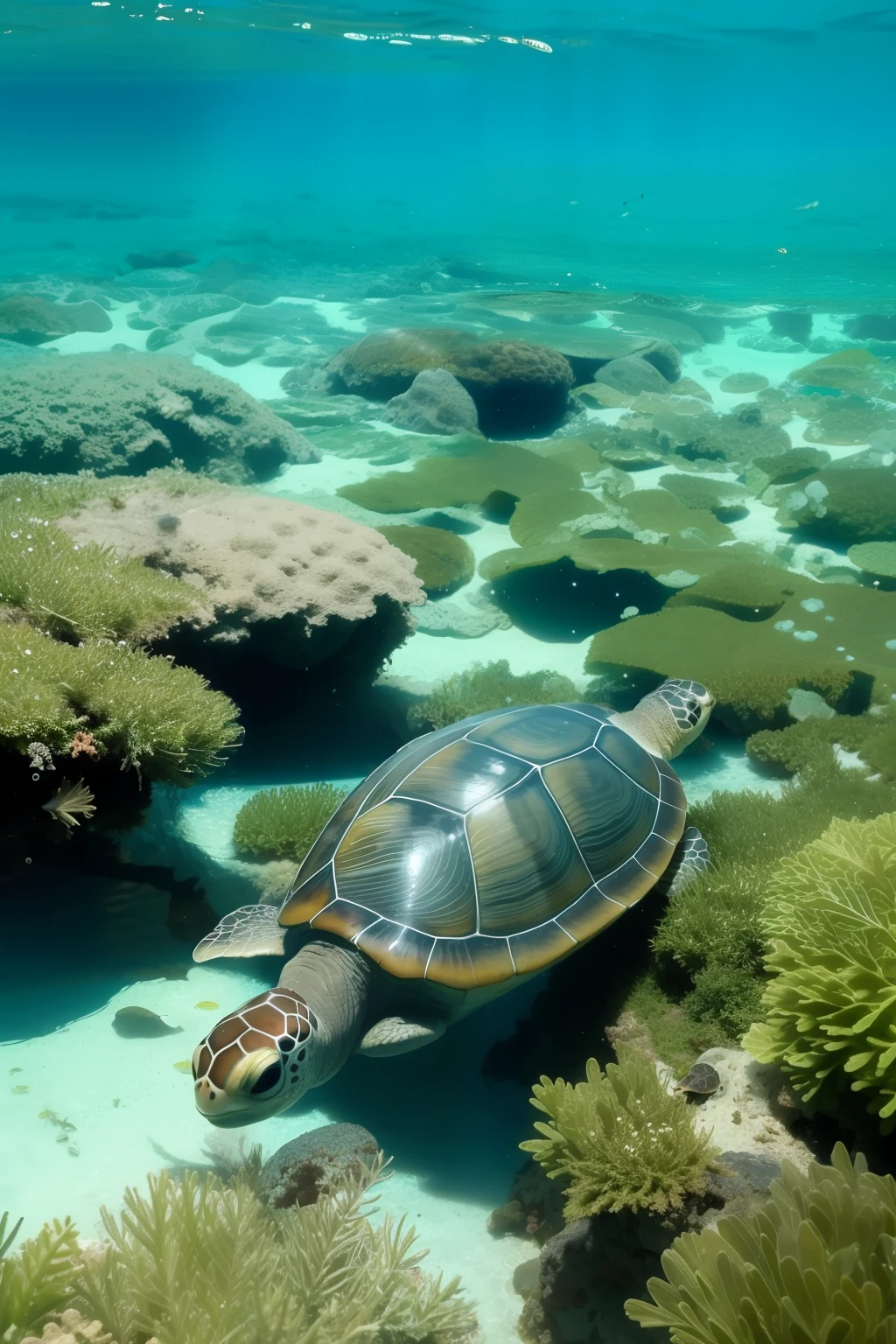 There is a small turtle on the crystal clear seabed