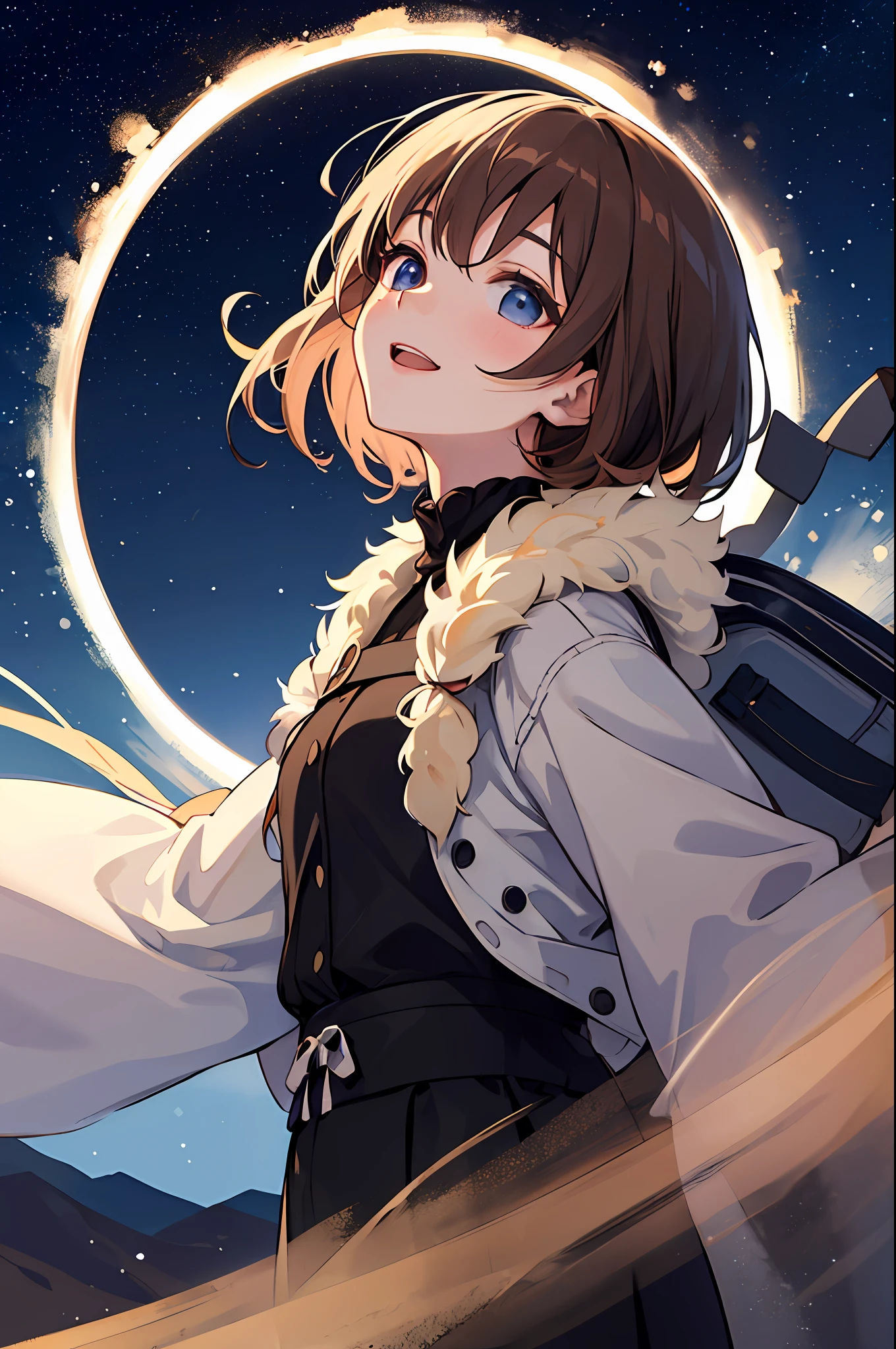 Top of the mountains,A woman full of excitement and accomplishment,night sky full of stars,Looking up at the starry sky,4K picture quality,8K picture quality,high-level image quality,Black clothes,Jersey