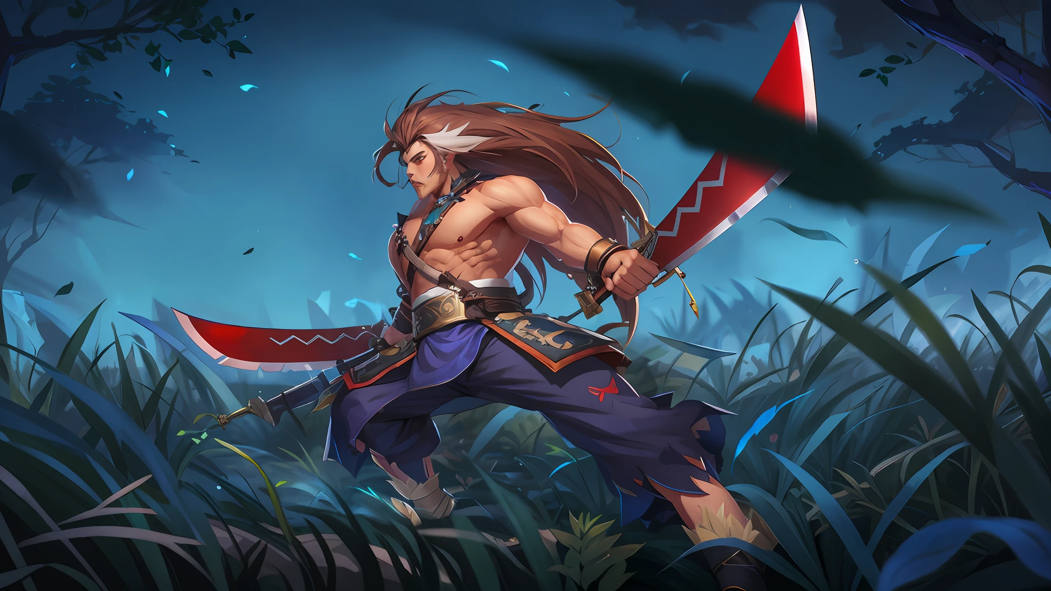 Anime characters with sword on the battlefield, Lush greenery,A plant,Skysky,the night,Onmyoji detailed art, league of legends style art, G Liulian art style