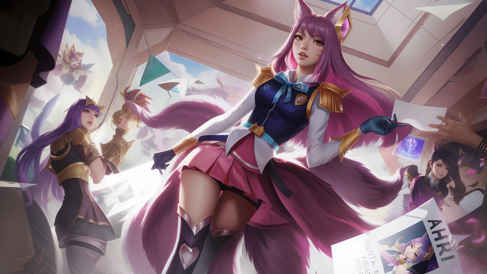 Anime characters are standing in a room with a large screen, Ahri, Retrato de Ahri, Serafim Ahri KDA, Ahri, de League of Legends, Artgerm extremamente detalhado, KDA, raposa nobushi, estilo artgerm, Artgerm Plano, Arte do personagem de League of Legends, de League of Legends, Arte estilo League of Legends