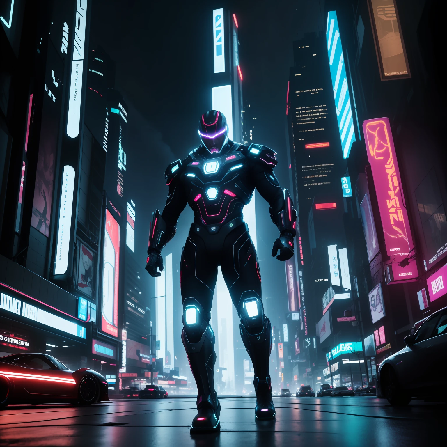 Ultra-wide panoramic view, dynamic lighting, a man in futuristic attire, half-machine cyborg, sprinting at high-speed through a neon-lit metropolis, reminiscent of Blade Runner, 16k resolution, Dolby Vision HDR, --ar 21:9 --auto