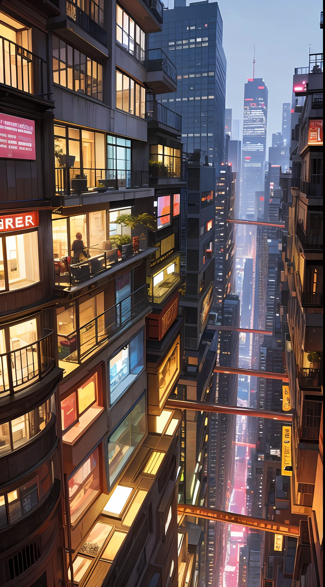 A city seen from the sides of buildings, estilo cyberpunk, where you can't see the ground, 16k resolution, a huge variety of windows and types of building facades, ultra realista, pobreza e riqueza se misturam, amazing graphics, carros voadores, fios por todos os lados, muitos outdoors com neon, propagandas de produtos reais para nerds, --auto