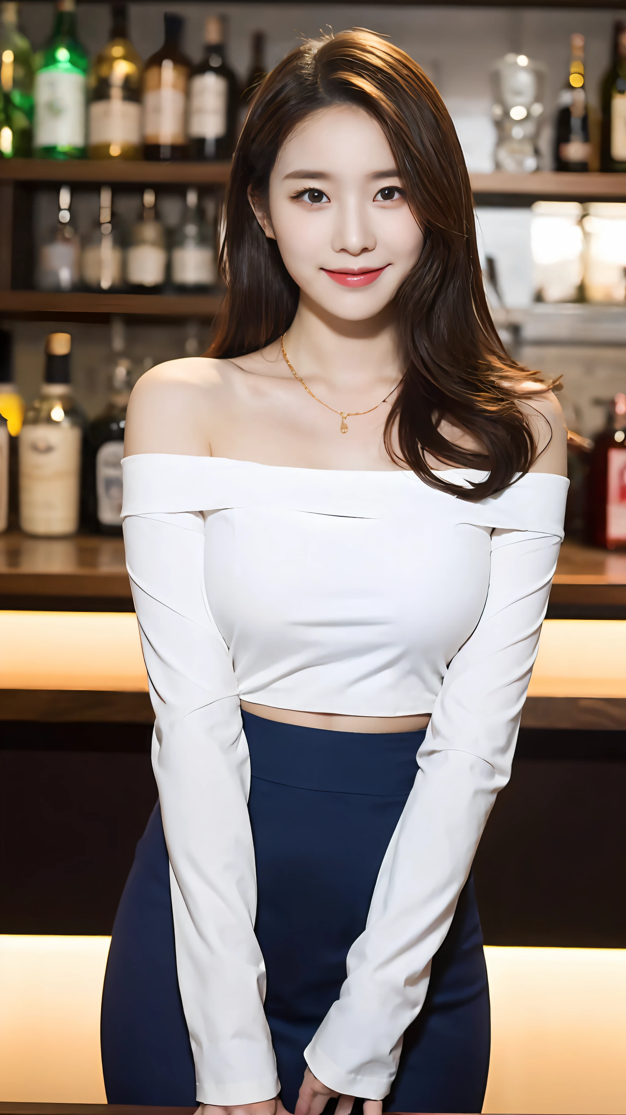 A superb exquisite real beautiful girl, golden long curly hair, extremely exquisite facial features, peerless beautiful girl, collarbone off-the-shoulder, white crop top shirt, black JK skirt, exposed legs, sweet smile, soft, dreamy quality, light white and dark brown, exaggerated facial features, solid color, frank off-white, surreal, blue gemstone necklace, ultra-clear, beautiful young girl, cute and lively, super short leggings, background at the bar counter