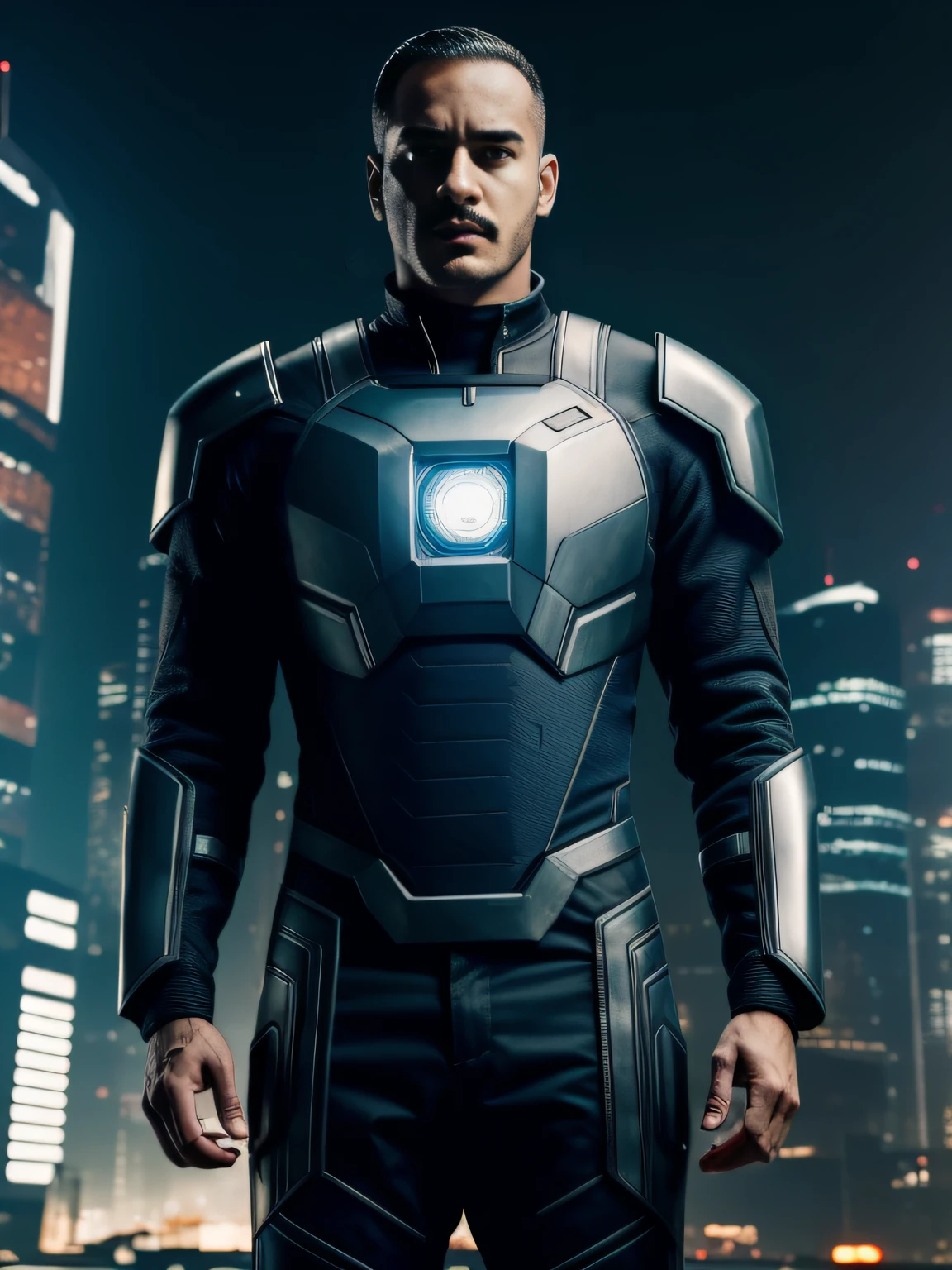 Um homem no estilo cyberpunk, He's looking at the camera, usando a roupa do homem de ferro, Cena de filme, UHD, Realistic, 8k