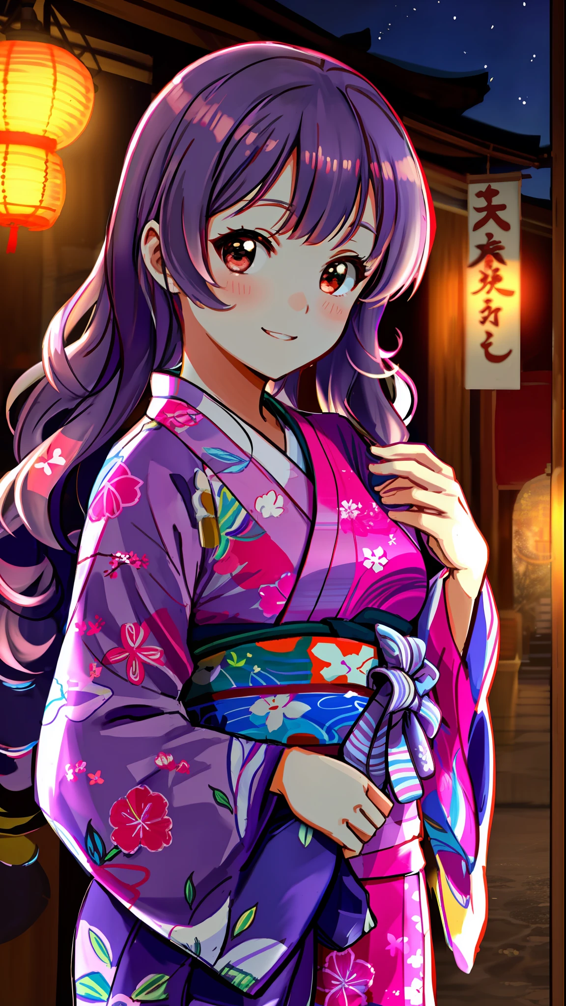 Pretty girl in yukata enjoying summer festival at night
