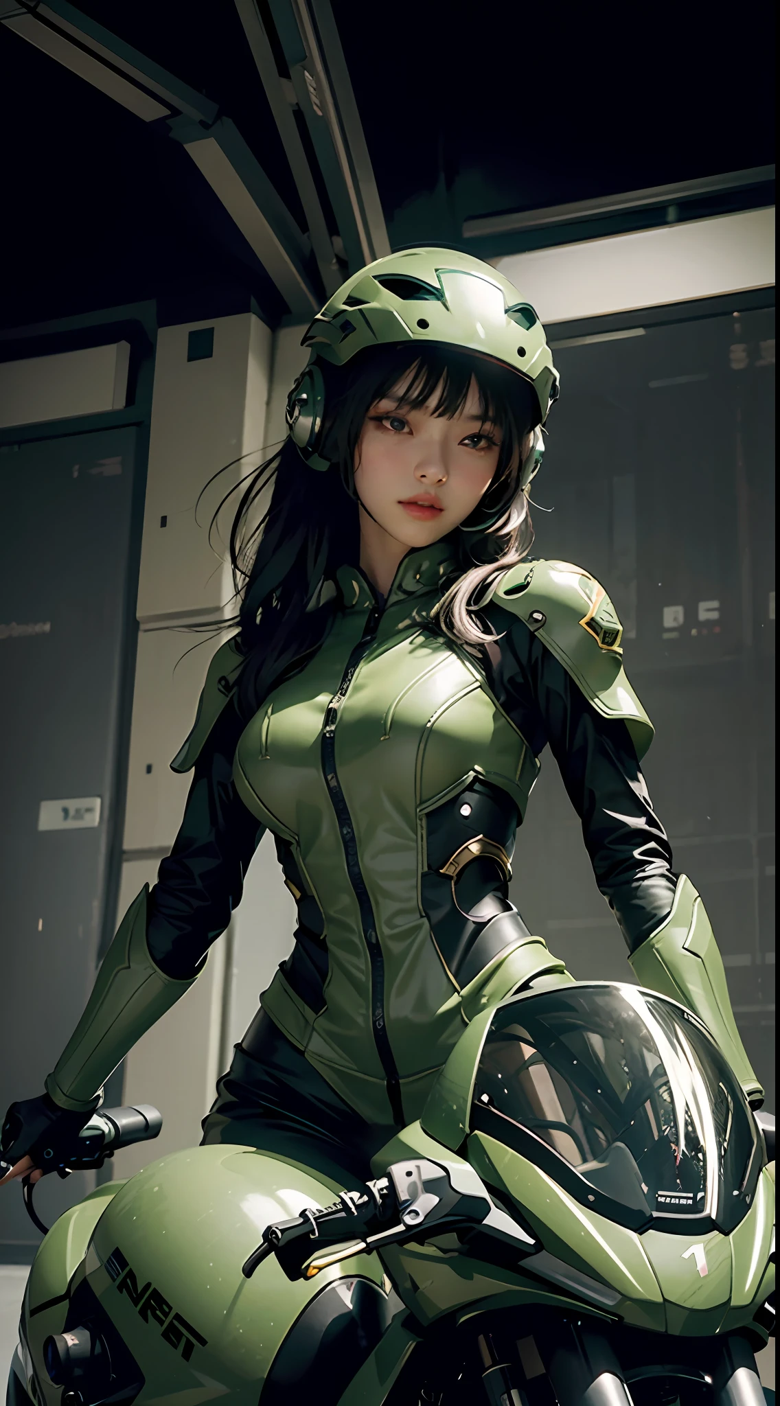 Highest image quality, outstanding details, ultra-high resolution, (realism: 1.4), the best illustration, favor details, highly condensed 1girl, with a delicate and beautiful face, dressed in a black and green mecha, wearing a mecha helmet, holding a directional controller, riding on a motorcycle, the background is a high-tech lighting scene of the future city.