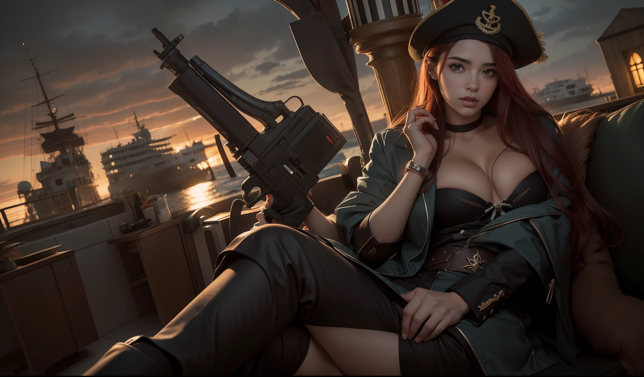 imagem realista, miss fortune, uma linda mulher, jovem , idade 20 anos , cabelo ruivo, longos cabelos, pele palida, olhos verdes, corpo perfeito, seios grandes, roupa decotada, usa uma chapel. de pirata, usa duas armas, sensual, cenario, navio pirata, alto mar