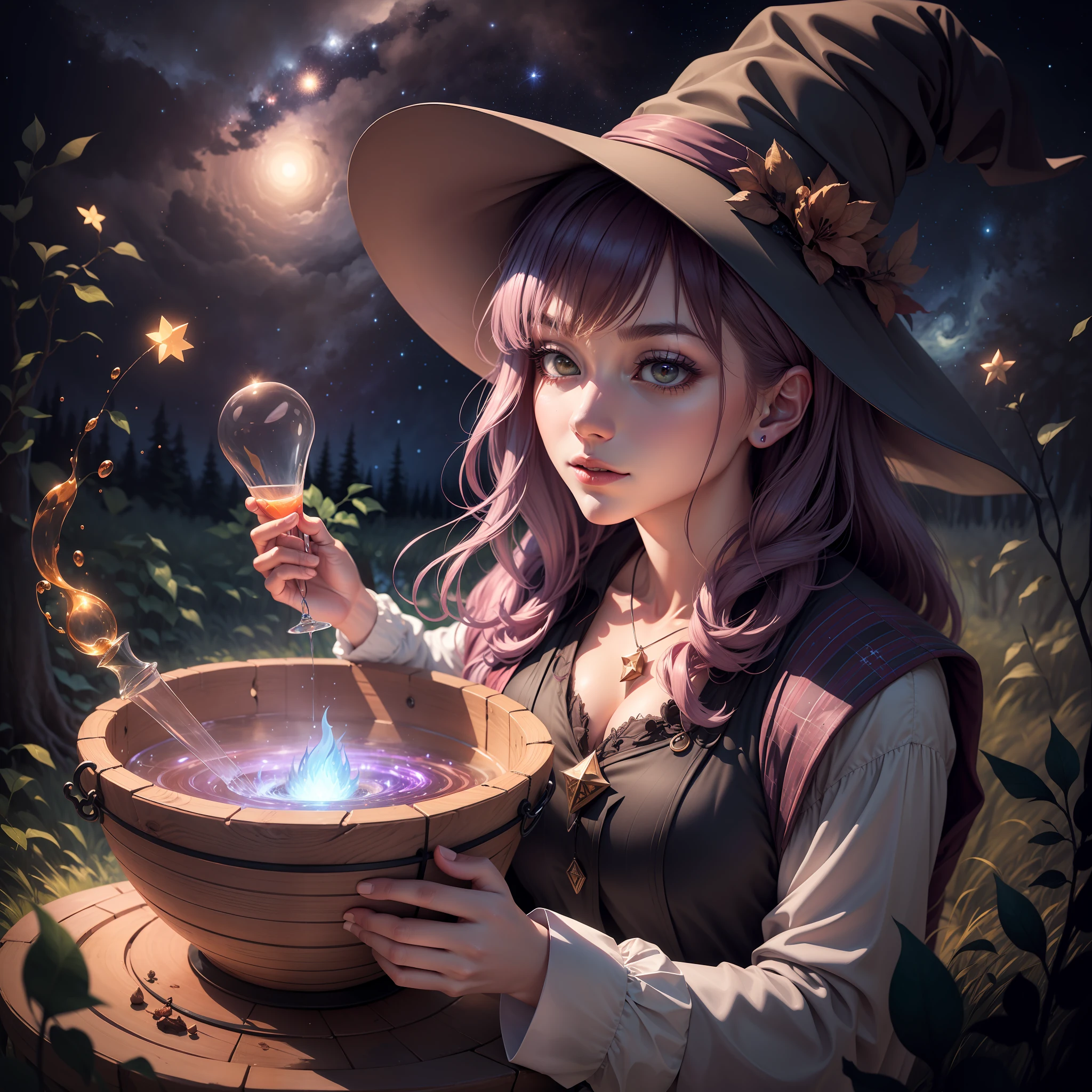An extremely beautiful witch brewing her potion in the woods using a cauldron, under the starry night, with a mesmerizing aura and vivid magical effects.