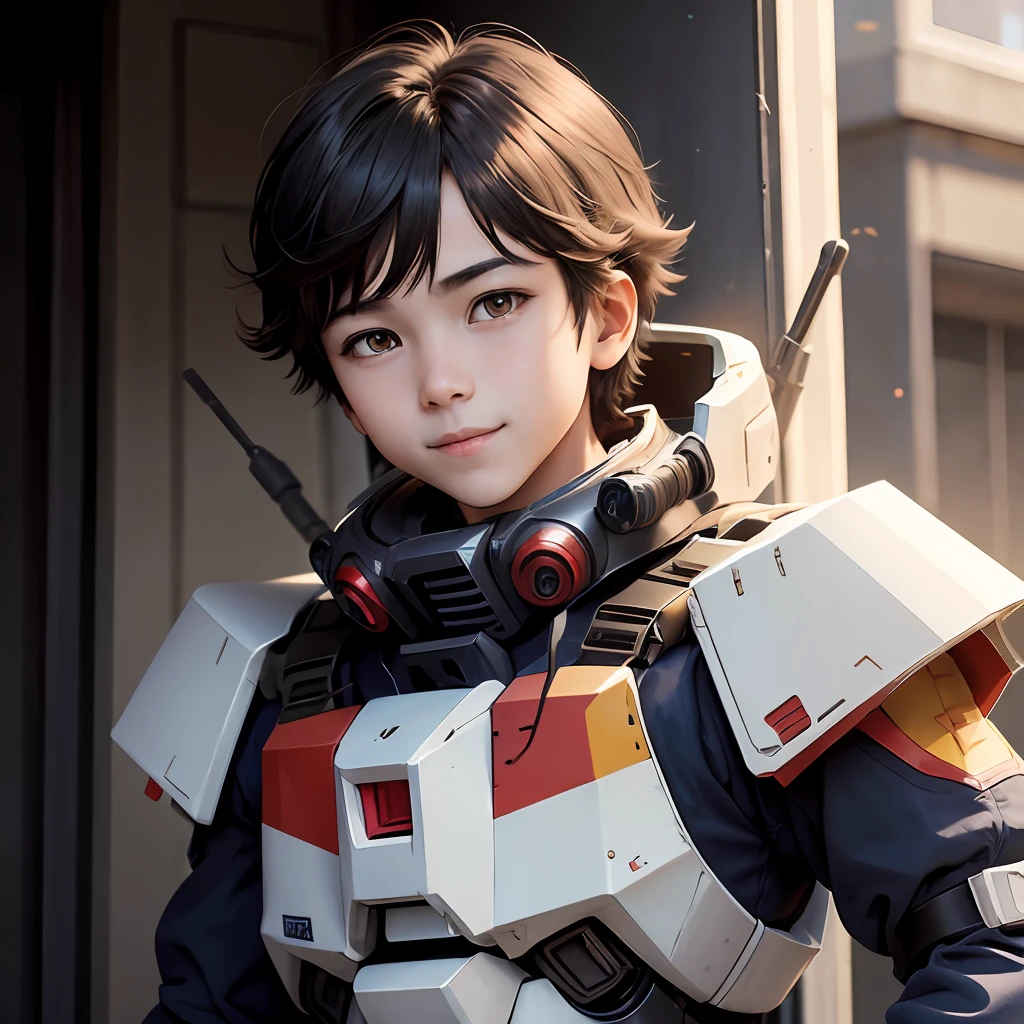 A young boy with,of a real,Wearing a Gundam mech costume,Make a smile,