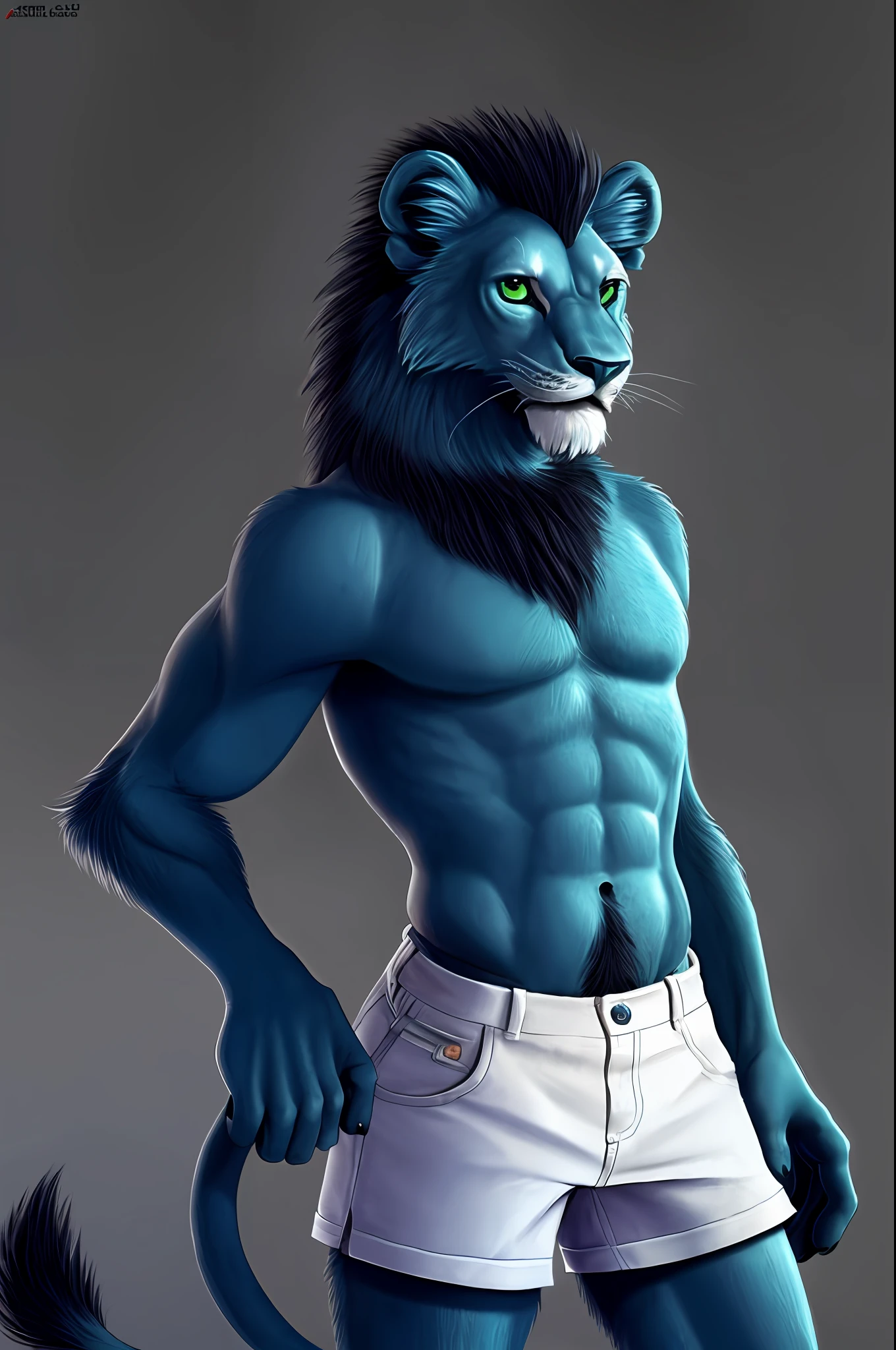 An anthropomorphic blue lion with green eyes, melena azul oscuro (alrededor del cuello), cuerpo azul, garras azules, ojos azules, pelaje azul, nariz azul, garras, pelaje, fondo degradado, feliz, head tuft, mirando al espectador, boca abierta, sonrisa abierta, shorts negros, pose sexy