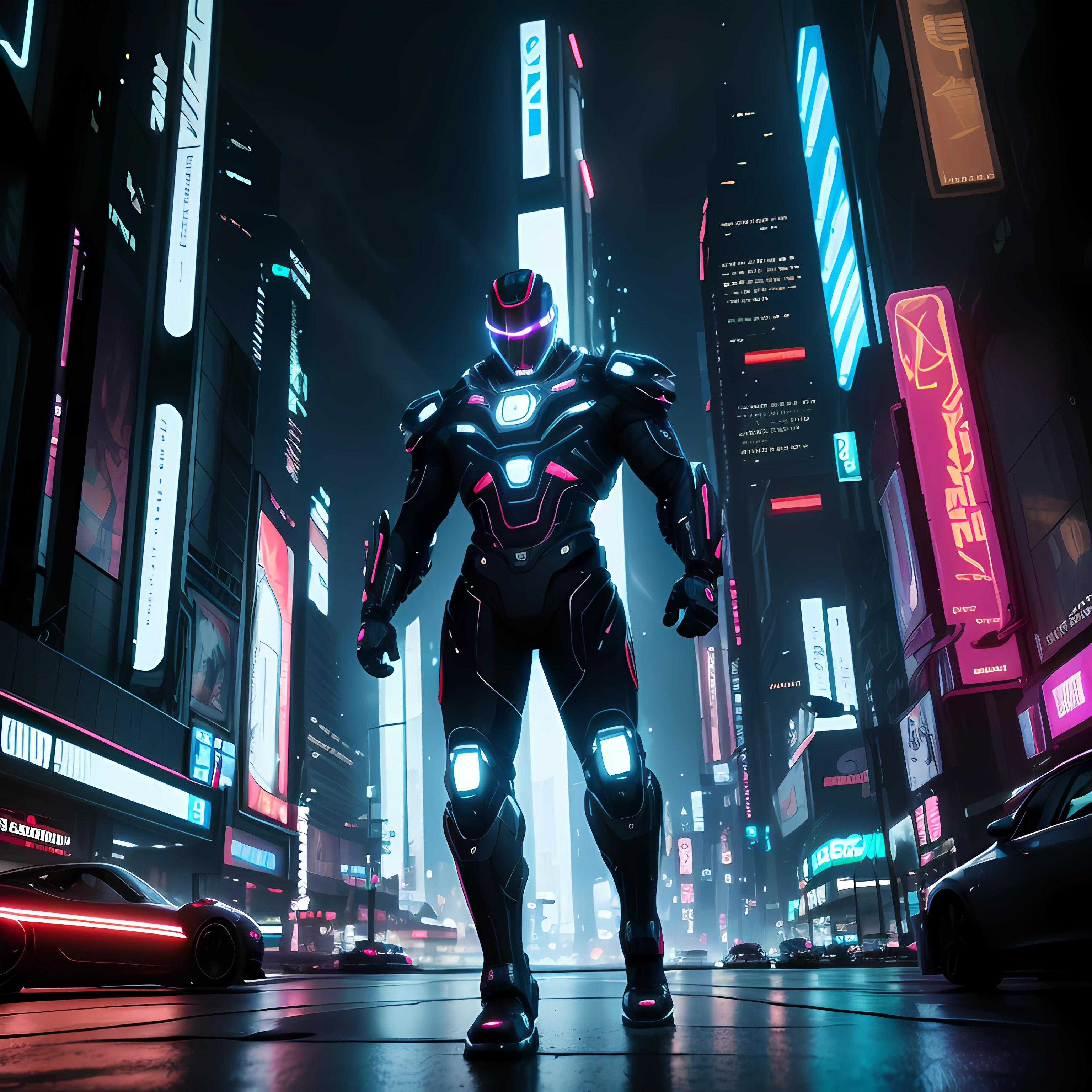 Ultra-wide panoramic view, dynamic lighting, a man in futuristic attire, half-machine cyborg, sprinting at high-speed through a neon-lit metropolis, reminiscent of Blade Runner, 16k resolution, Dolby Vision HDR, --ar 21:9 --auto