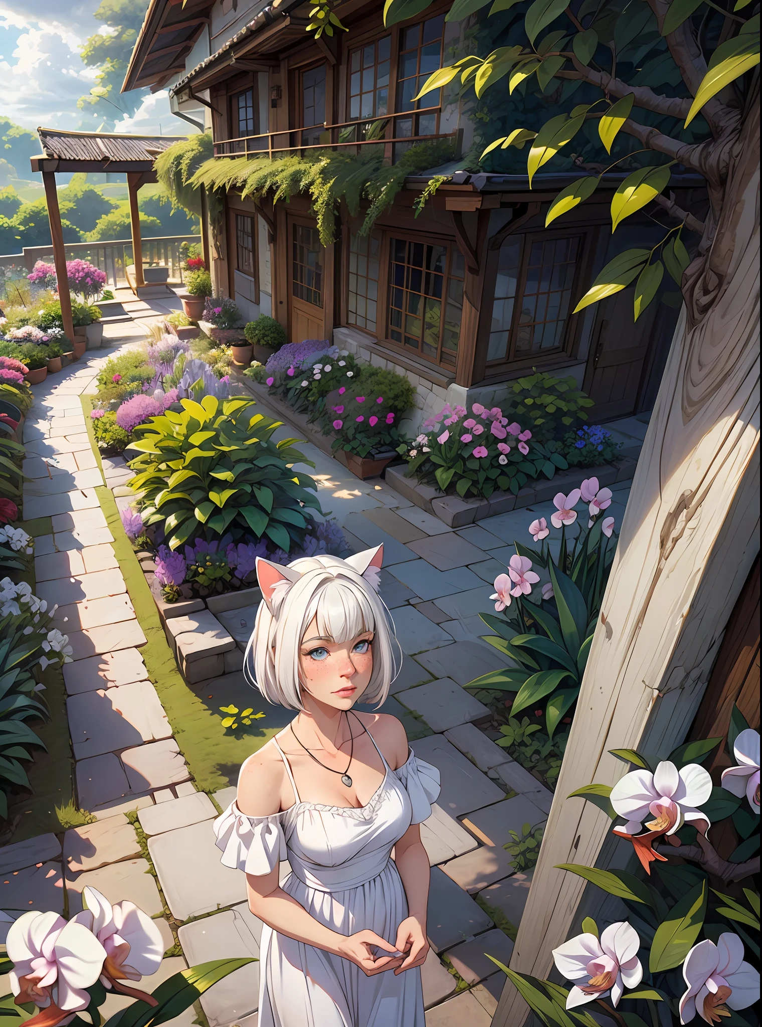 (mature women:1.3), white ???????? flying, garden of orchid in the background, sun ray through the grey clouds, realism, view from above,  freckles, white hair, blue eyes, cat ears, blue heart necklace, shoulder length hair, short hair, bob, bangs,