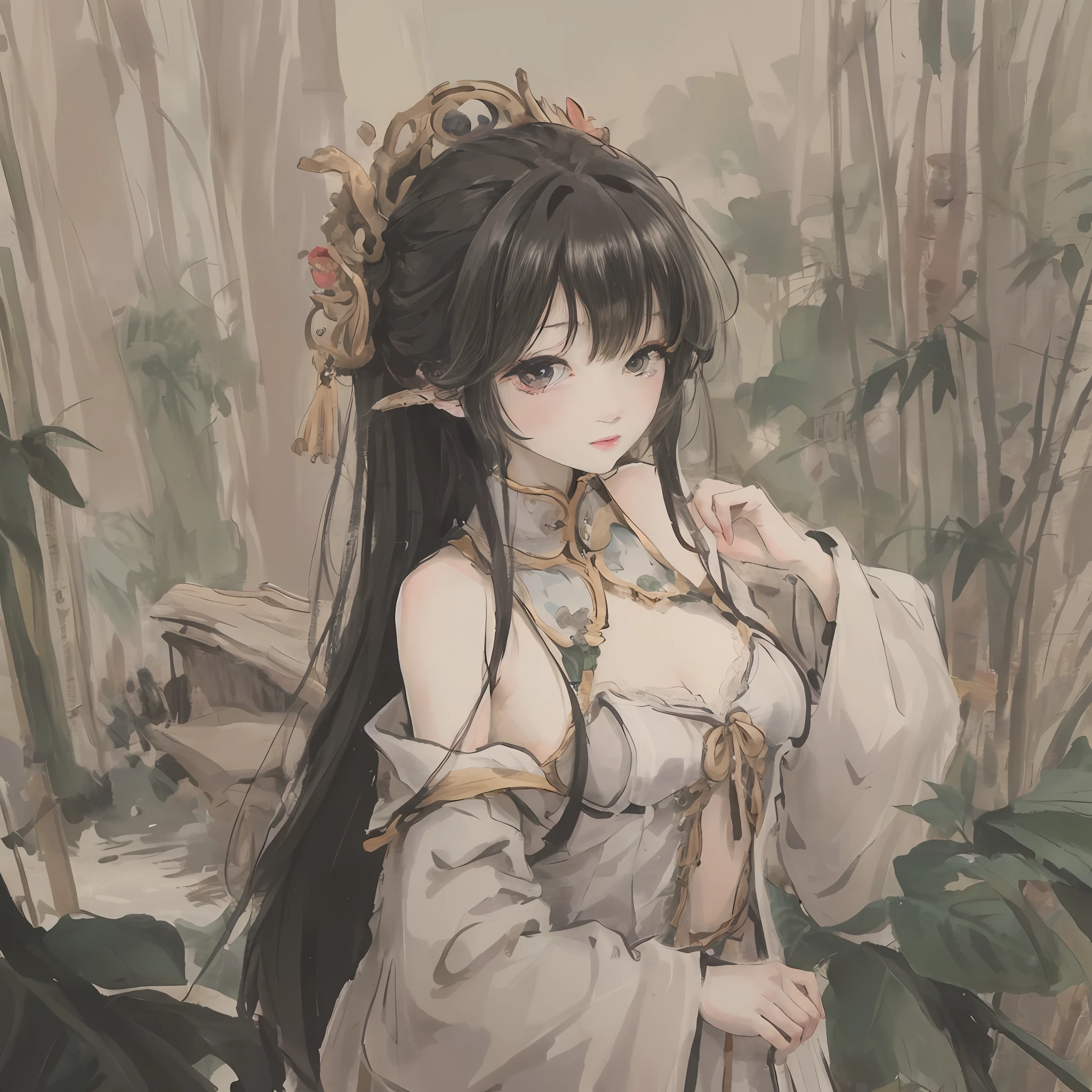 In a dense bamboo forest，Standing was a long bright black hair，A gentle breeze，Chinese vintage white long dress，Beautiful and cute，teens girl，water ink，Look at you with big eyes，A hand caresses a bamboo leaf, 8K wallpaper, Highly detailed, 18-year-old girl, Black hair, Long hair, Detailed eyes, bamboo forrest, Bare shoulders, lakes, Pure, Soft smile