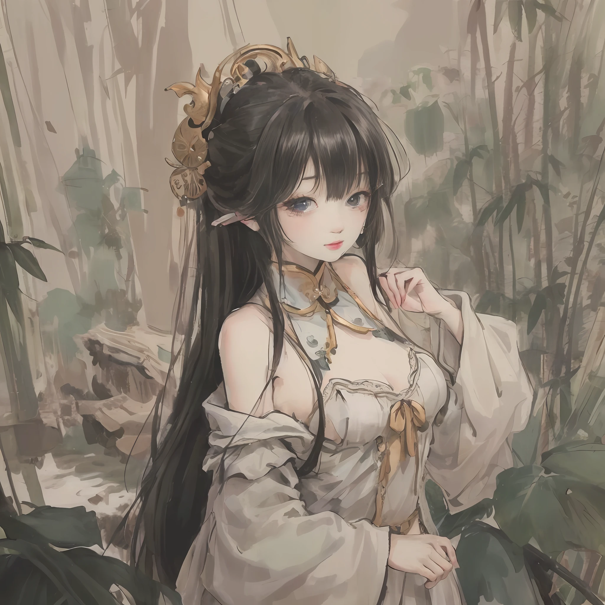 In a dense bamboo forest，Standing was a long bright black hair，A gentle breeze，Chinese vintage white long dress，Beautiful and cute，teens girl，water ink，Look at you with big eyes，A hand caresses a bamboo leaf, 8K wallpaper, Highly detailed, 18-year-old girl, Black hair, Long hair, Detailed eyes, bamboo forrest, Bare shoulders, lakes, Pure, Soft smile