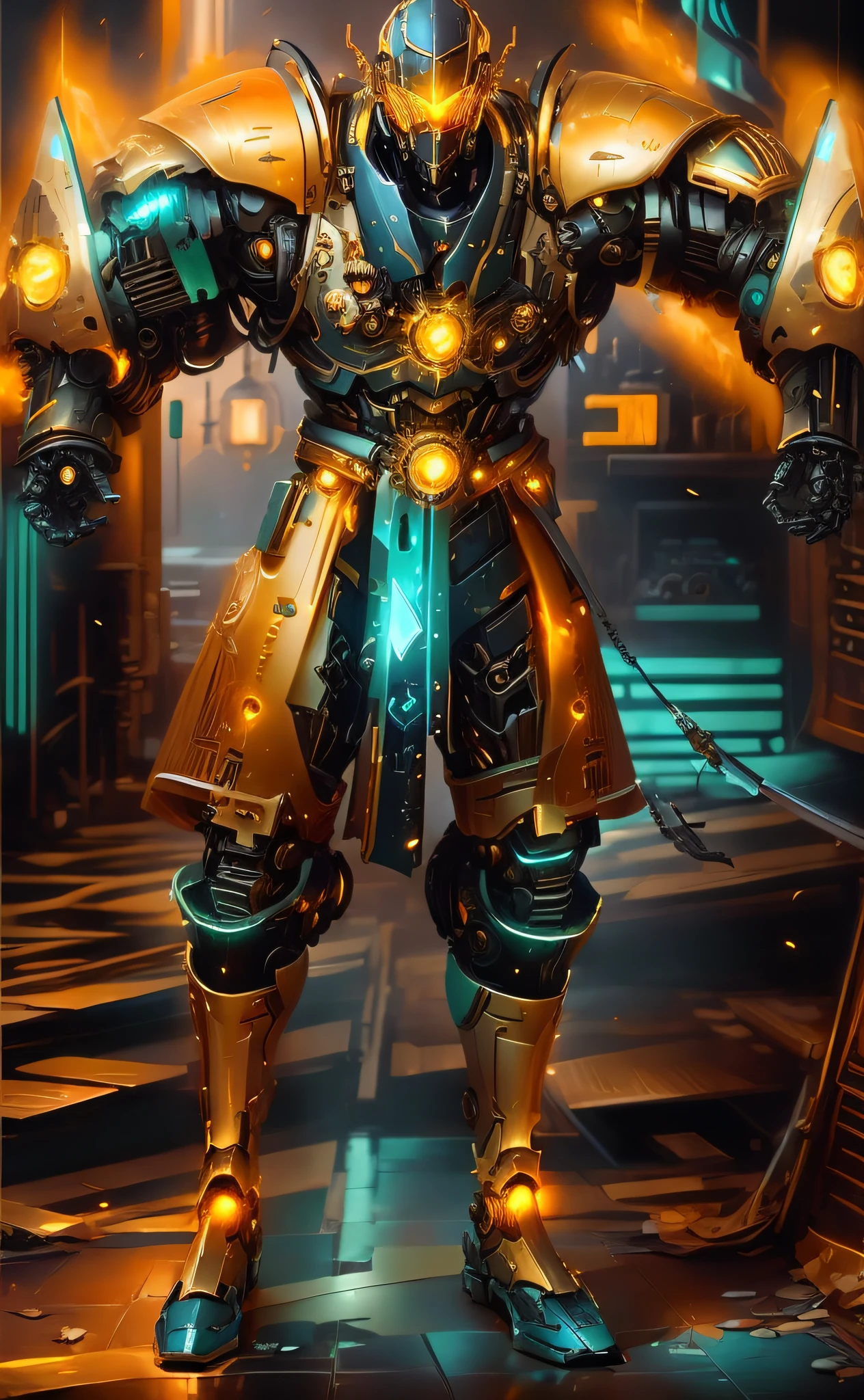 A closeup of a robot with shiny armor on a tiled floor, intrincada armadura mecha brilhante, luzes brilhantes na armadura, Retrato completo de Electromancer, painterly humanoid mecha, Retrato de Rung, clothed in cyber armour, deep cyberpunk mechanoid, orange and cyan lighting, intrincada armadura de mecha assasin, intrincada armadura mecha