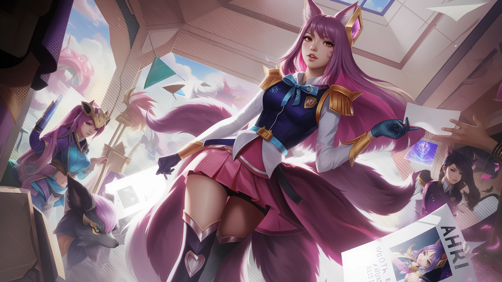 Anime characters are standing in a room with a large screen, Ahri, Retrato de Ahri, Serafim Ahri KDA, Ahri, de League of Legends, Artgerm extremamente detalhado, KDA, raposa nobushi, estilo artgerm, Artgerm Plano, Arte do personagem de League of Legends, de League of Legends, Arte estilo League of Legends