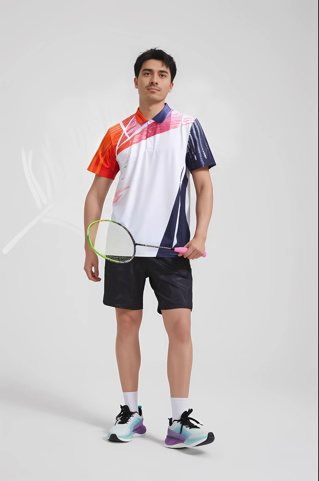 Smiling man,ssmile,ssmile,Arafede man holding tennis racket in colorful shirt and shorts, tennis wear, young man with short, full body wide shot, inspired by Wen Zhengming, Chen Zezhou, yihao ren, full body portrait shot, jinyiwei, inspired by Ding Yunpeng, Wear golf shorts, Badminton, sport outfit, chengwei pan