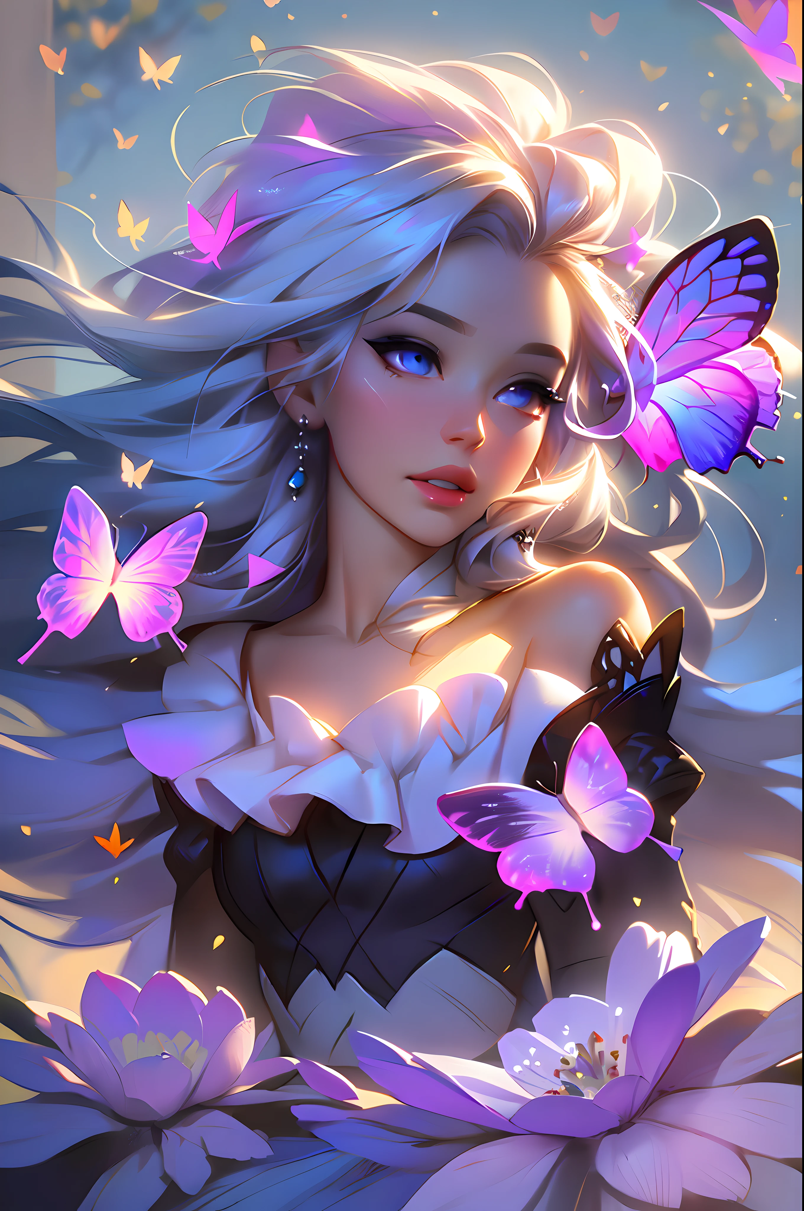 The colors in this image are soft and draw inspiration from gentle watercolors and should be primarily pink. Generate a delicate and tranquil flower princess with soft hair dancing in the wind and intricately braided. Her sweet face has puffy, kissable lips and stunning, highly realistic eyes. She has beautiful eyes, hires eyes, 8k eyes, beautiful detail eyes, beautiful detailed eyes, realistically shaded eyes, and realistic eyes in vibrant colors. She is wearing delicately detailed fabric of gossamer silk and satin. Small pink gemstones and cream pearls detail her clothing. She sits in the midst of the most beautiful meadow in the world and is surrounded by beautiful flowers of varying sizes and colors. The background is wild and unruly, with delicate flowers dancing in the wind and creating a dynamic and compelling image. An ornately flowered headdress adorns her head and soft petals fall around her. The flowers are realistic and very detailed and come in different shapes and sizes, some with iridescence and others with varying shades of pink and blue. Include a soft watercolor sky. The background is wild, with delicate flowers dancing in the wind and colorful pollen filling the air. Include realistic hair and skin texture. Include fantasy details, enhanced details, iridescence, colorful glittering wind, and pollen. Pay special attention to her face and make sure it is beautifully and realistically detailed. The image should be dreamy and ethereal. Include intricate fantasy details. 8k, intricate, elegant, highly detailed, majestic, digital photography, art by artgerm and ruan jia and greg rutkowski surreal painting pearl butterfly filigree, flower petals, (masterpiece, finely detailed beautiful eyes: 1.2), hdr, realistic skin texture, ((ornate)), ((intricate)), ((fantasy00d:1.2)), rays of light, (add details), (add more details), (((highly detailed butterflies))), ornate flowers, dew drops, sunlight, rays of sun