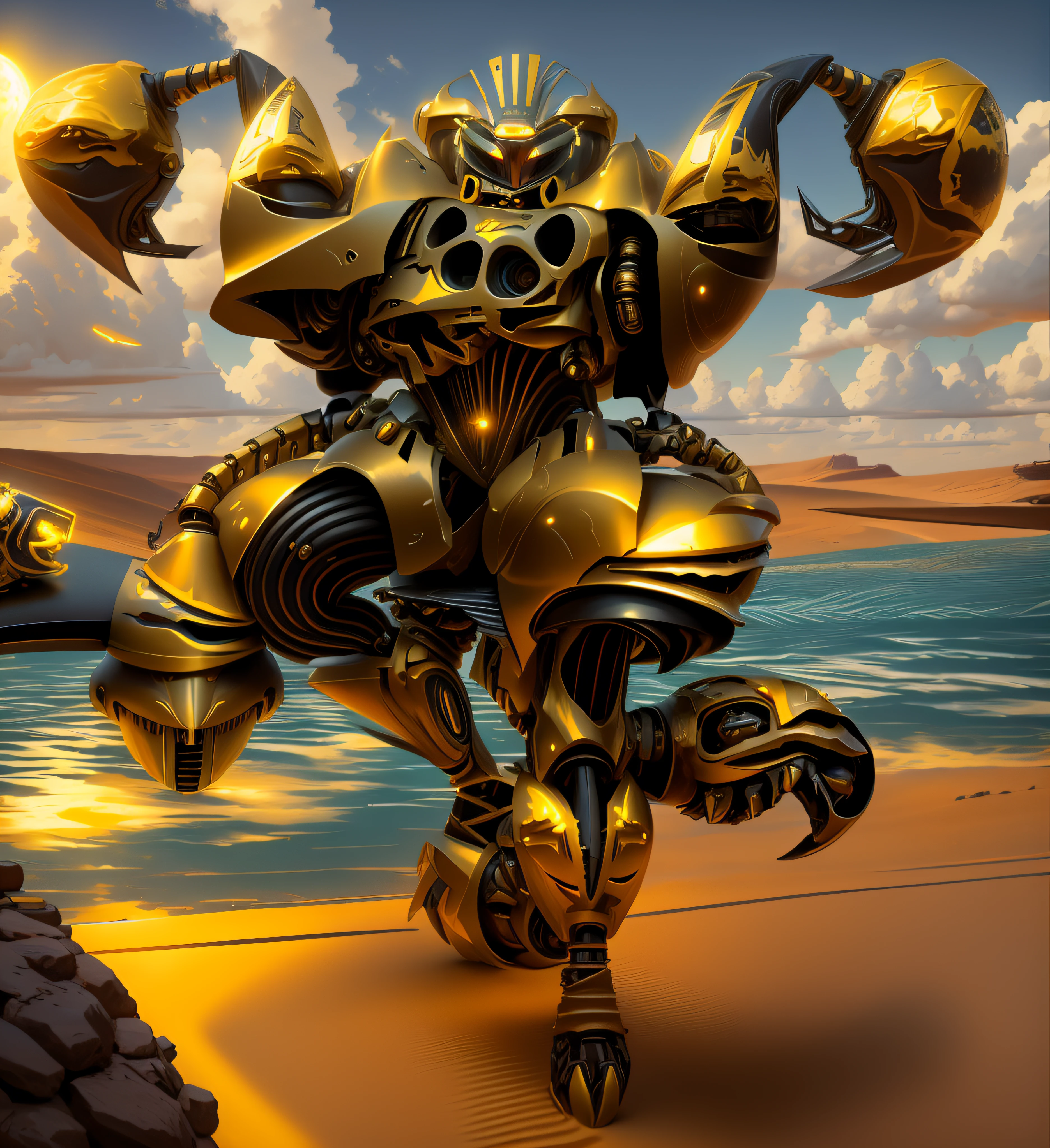 a close up of a cartoon character in a desert area, scarab reploid, Keetongu Bionicle, Asteca Guerreiro, an undead desert lich pharaoh, bionicle, Mecha guerreiro futurista saudita, Yellow Wick Keetongu Bionic, Deserto Fighter Mago Antigo, humanoid monkey fantasy race, tigre - criatura caranguejo