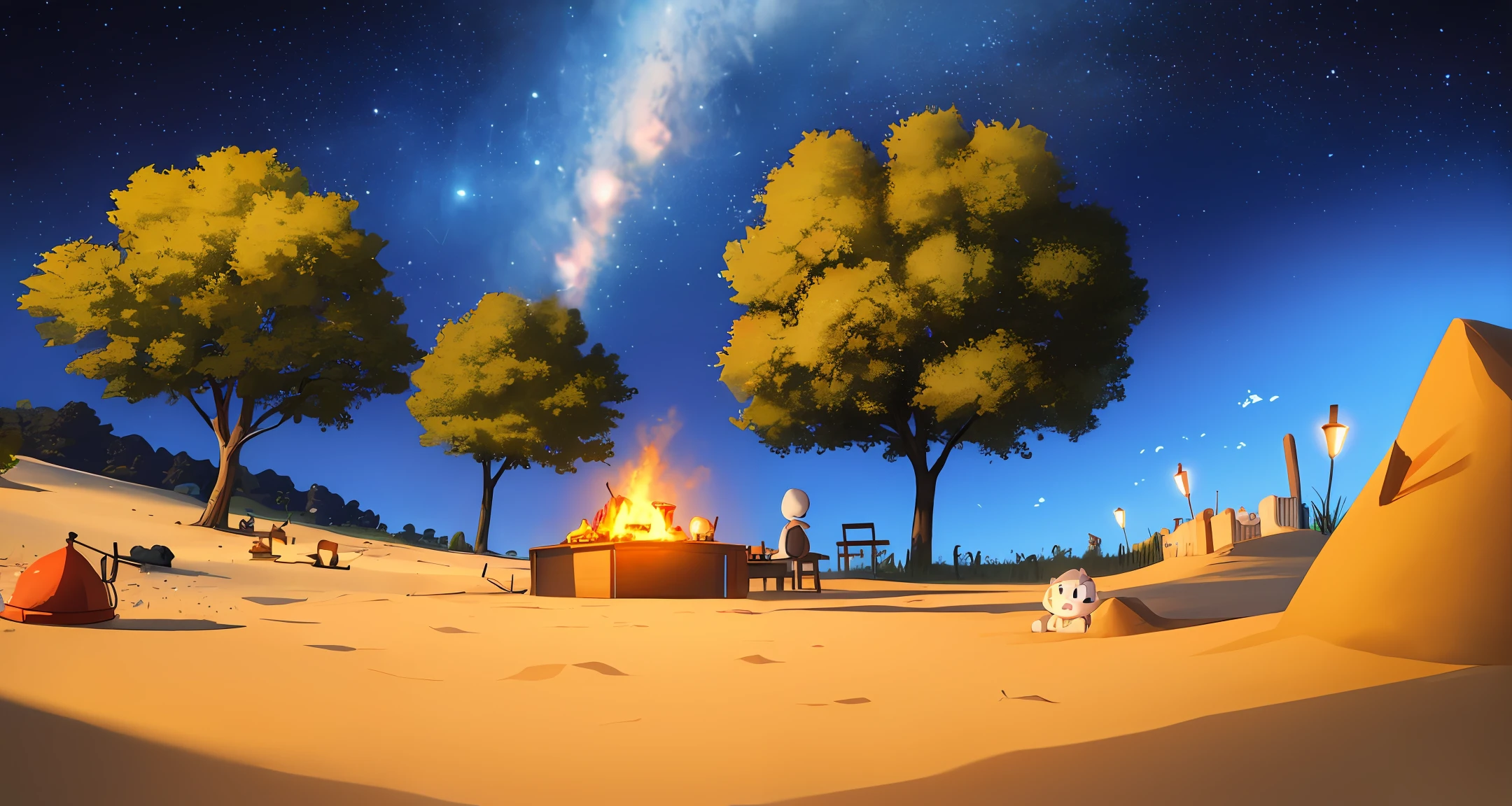 A night sky, beautiful sky，There are two cartoon cute children with lights，In the barbecue，There is a tree next to it，There is sand and gravel on the ground，Ultra high quality，High-sense illustration，dynamic angle，8k wallpaper