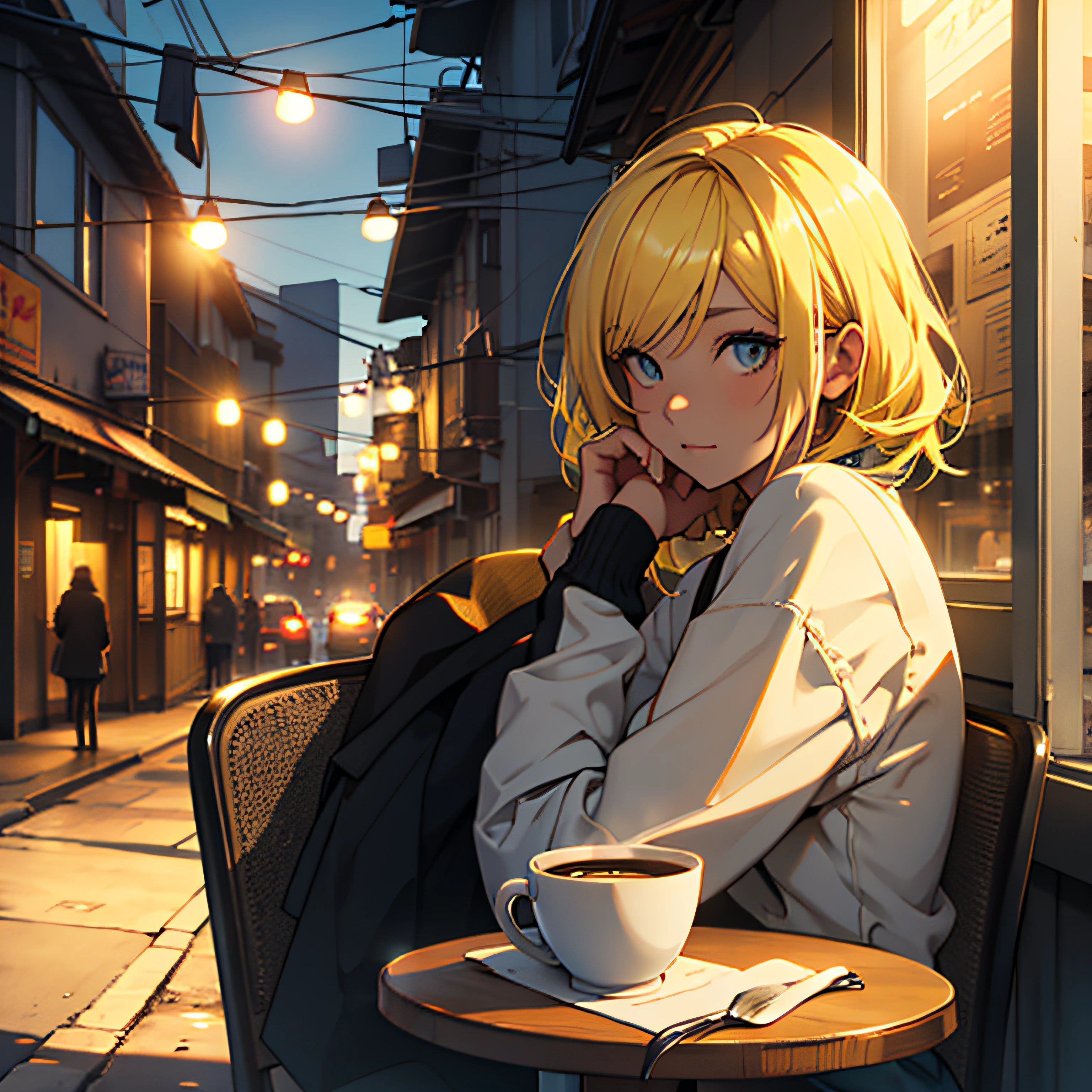 Sit by the window and drink coffee，Real girl，Detailed face，short yellow hair，Dusk lights，the street
