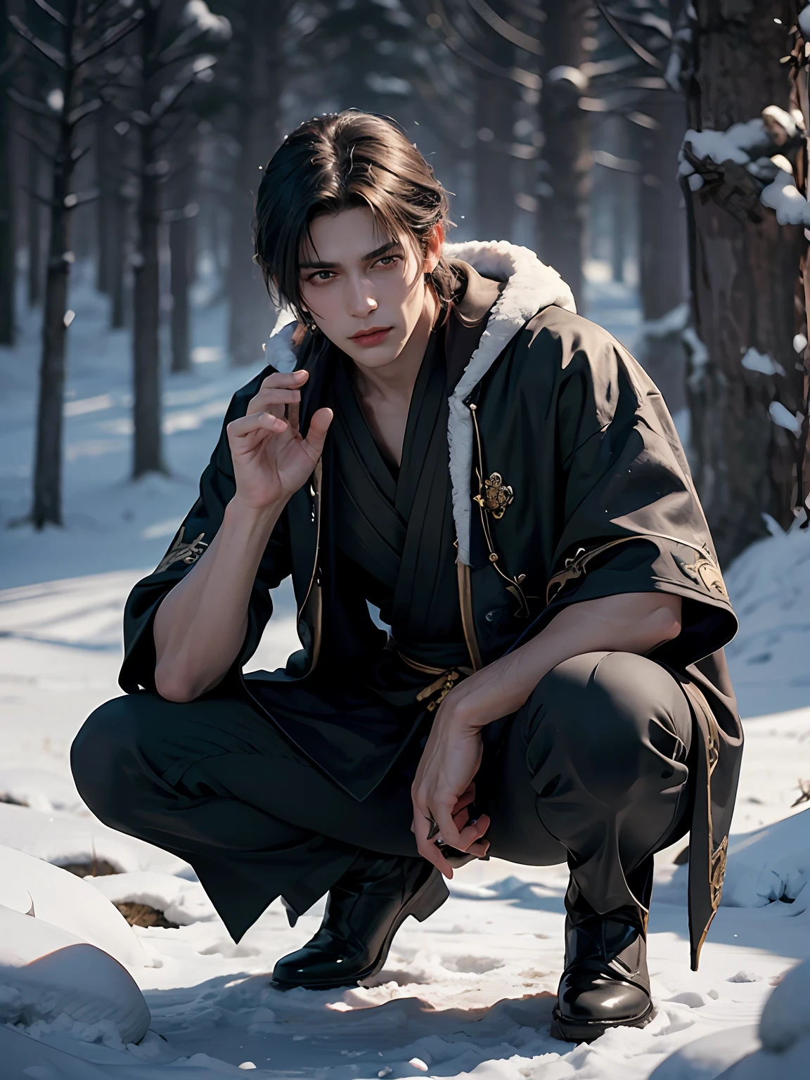 (More than half body), 1man, king of Frost, stern and emotionless, golden eyes black robes, solo focus, adult, pale and young adult face, short black hair, black silk robe, realistic, dynamic pose realistic, detailed and correct facial structure, snow falling, squat down on snow land, slightly smirk, blades ornaments, frost mountain, LEON S. KENNEDY, handsome, attractive, slightly muscular, cinematic lighting, unreal engine, trending on ArtStation, intricate details,  masterpiece, best quality, by Irakli Nadar, Greg Rutkowski，(((best quality))),(((ultra detailed))),(((masterpiece)))
