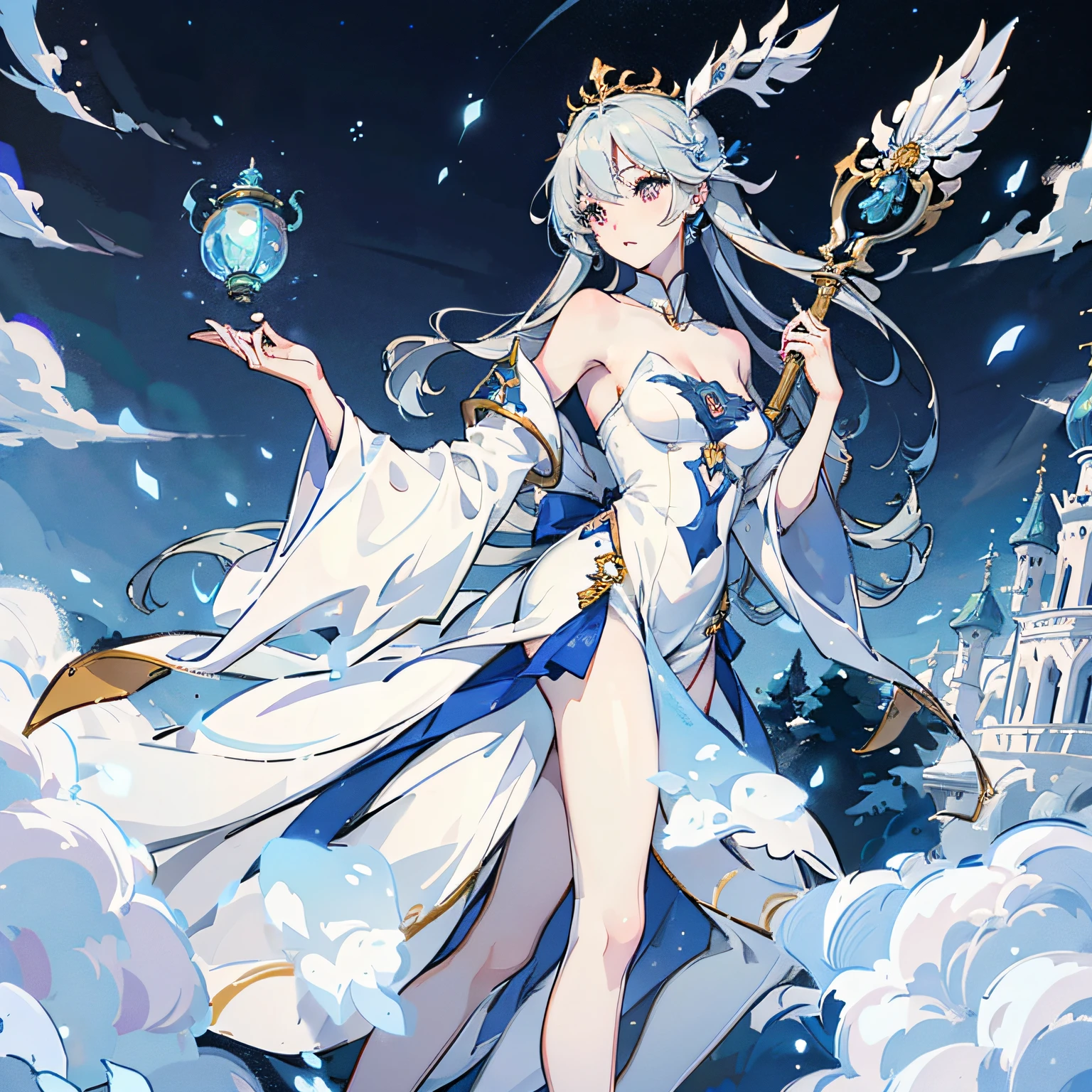 Beautiful leg shape, Fair skin is a little cool, The material of the garment is light and airy,Clearly distinguish between characters and backgrounds,Holding a long-handled staff,Plump breasts and adjust the proportions appropriately。 --auto