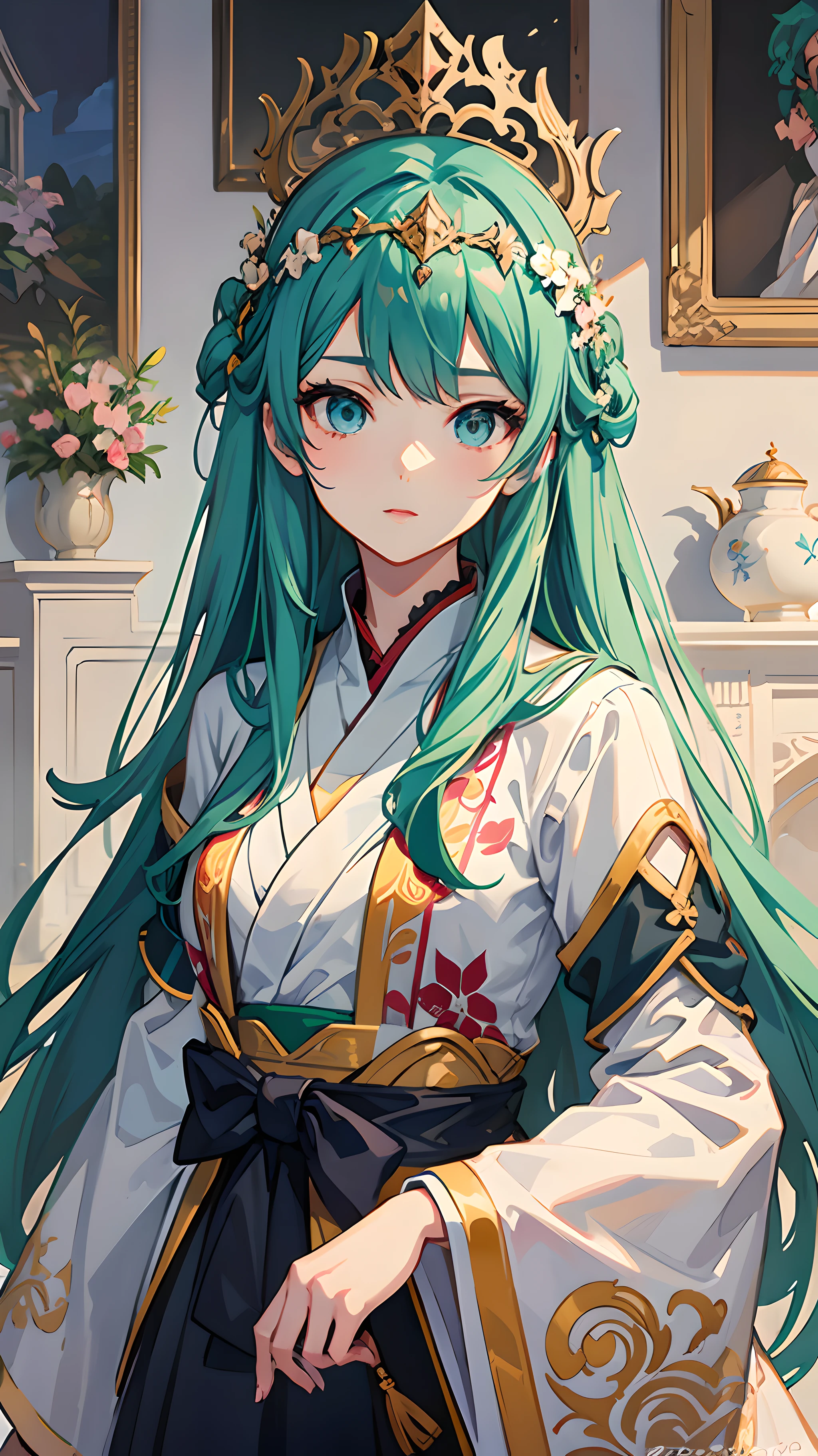 anime girl with long hair and a flower crown in a room, palace , a girl in hanfu, detailed digital anime art, kawacy, high detailed official artwork, guweiz on pixiv artstation, trending on artstation pixiv, intricate ornate anime cgi style, detailed anime artwork, anime fantasy illustration, detailed anime art, 8k high quality detailed art