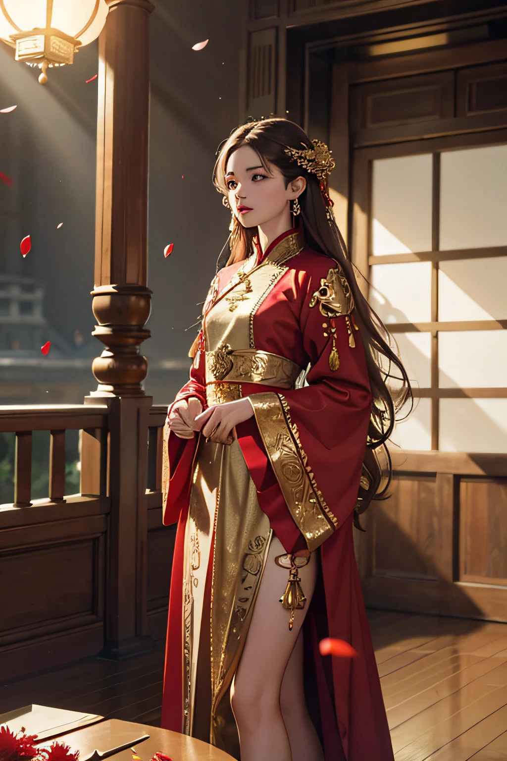 best quality, masterpiece, highres, (exquisite body:1.5),gorgeous face,(milky skin:1.3),intricate details,high resolution,wallpaper,
1girl, solo, dress, hair ornament, (((gold and red dress))), flowers, long hair, brown hair, closed mouth, jewelry, long sleeves, hand up, wide sleeves, big eyes,floating hair, chinese clothes, hanfu, embroidery, long skirt, natural pose, falling petals, indoor,fanning, lantern,
16K,HDR,highres,depth field,(film grain:1.1),boken,golden hour,(lens flare),vignette,rainbowing,(color grading:1.5)
